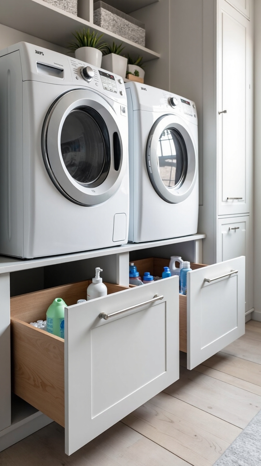convenient storage below washer and dryer