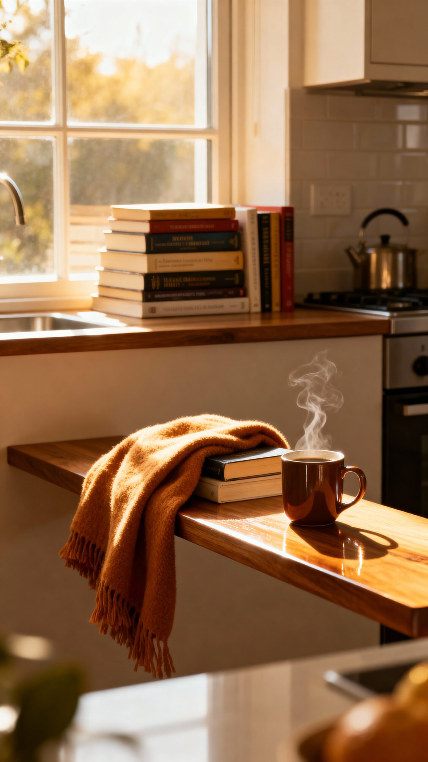 cozy reading nook with floating shelves