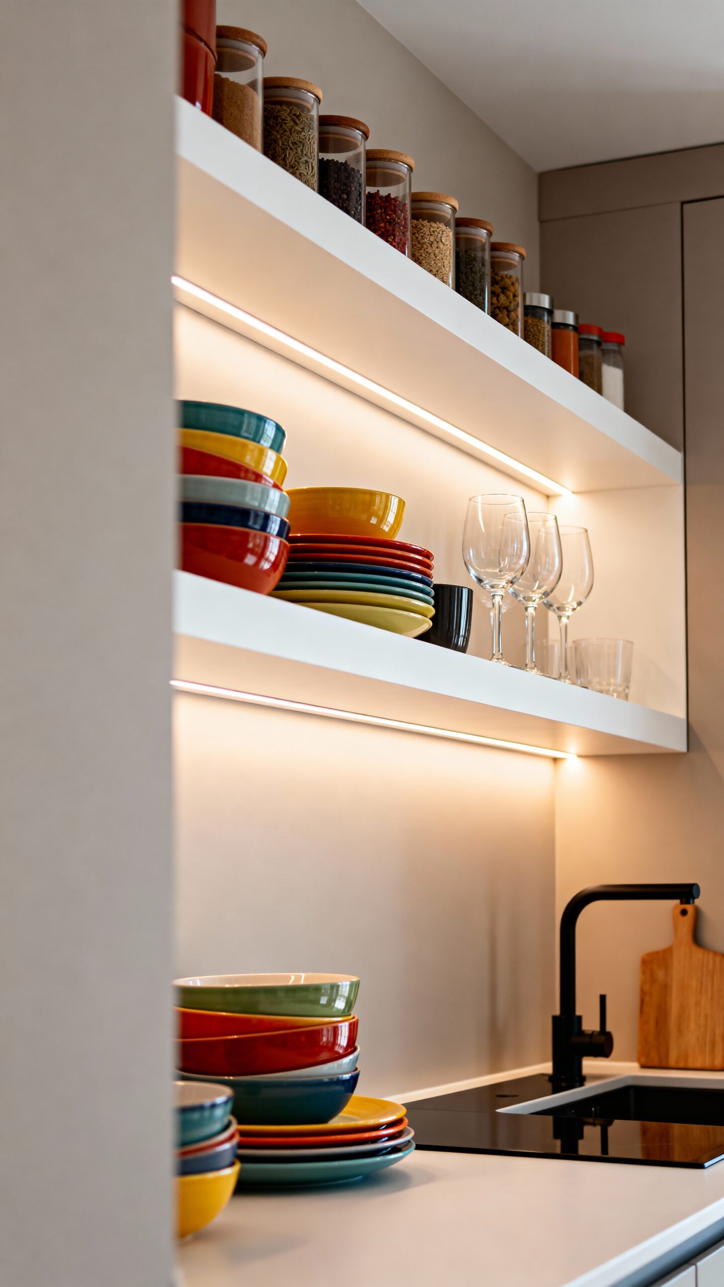 customizable open shelving with functional lighting