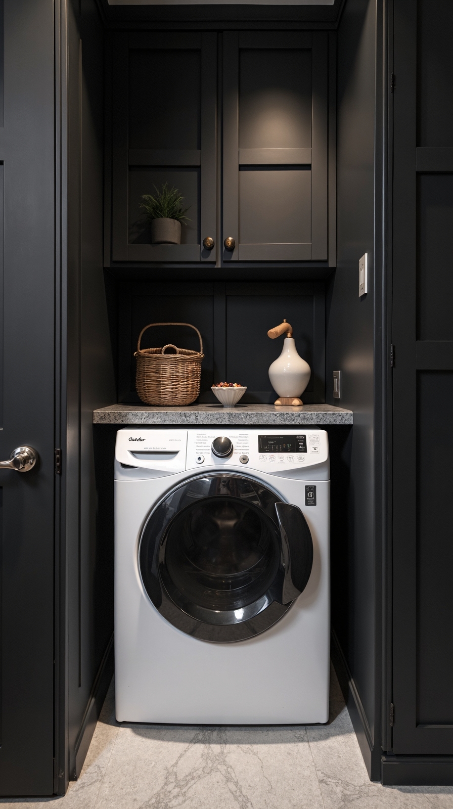 dramatic dark light laundry room contrast