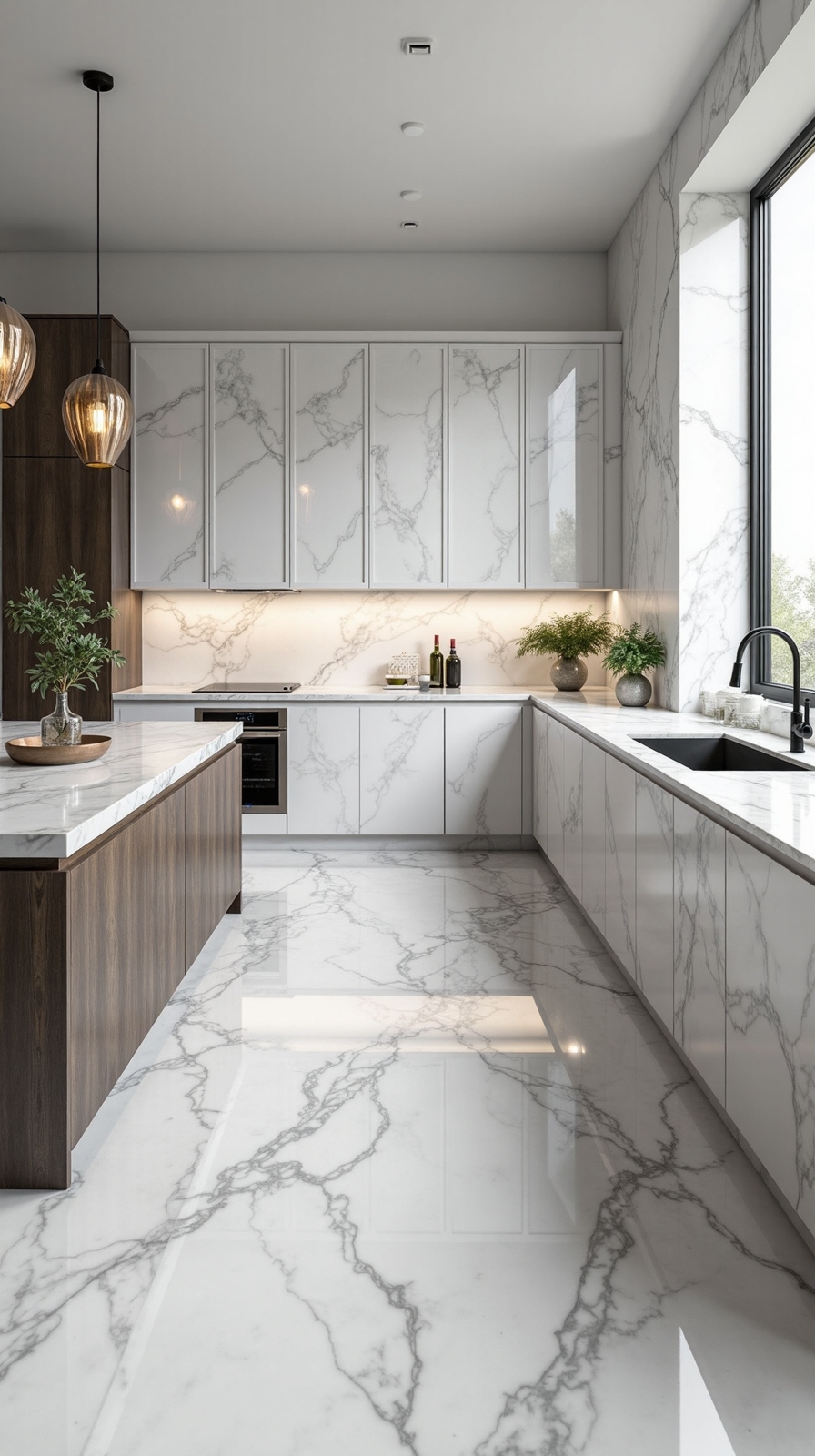 dramatic luxurious durable bookmatched marble backsplash