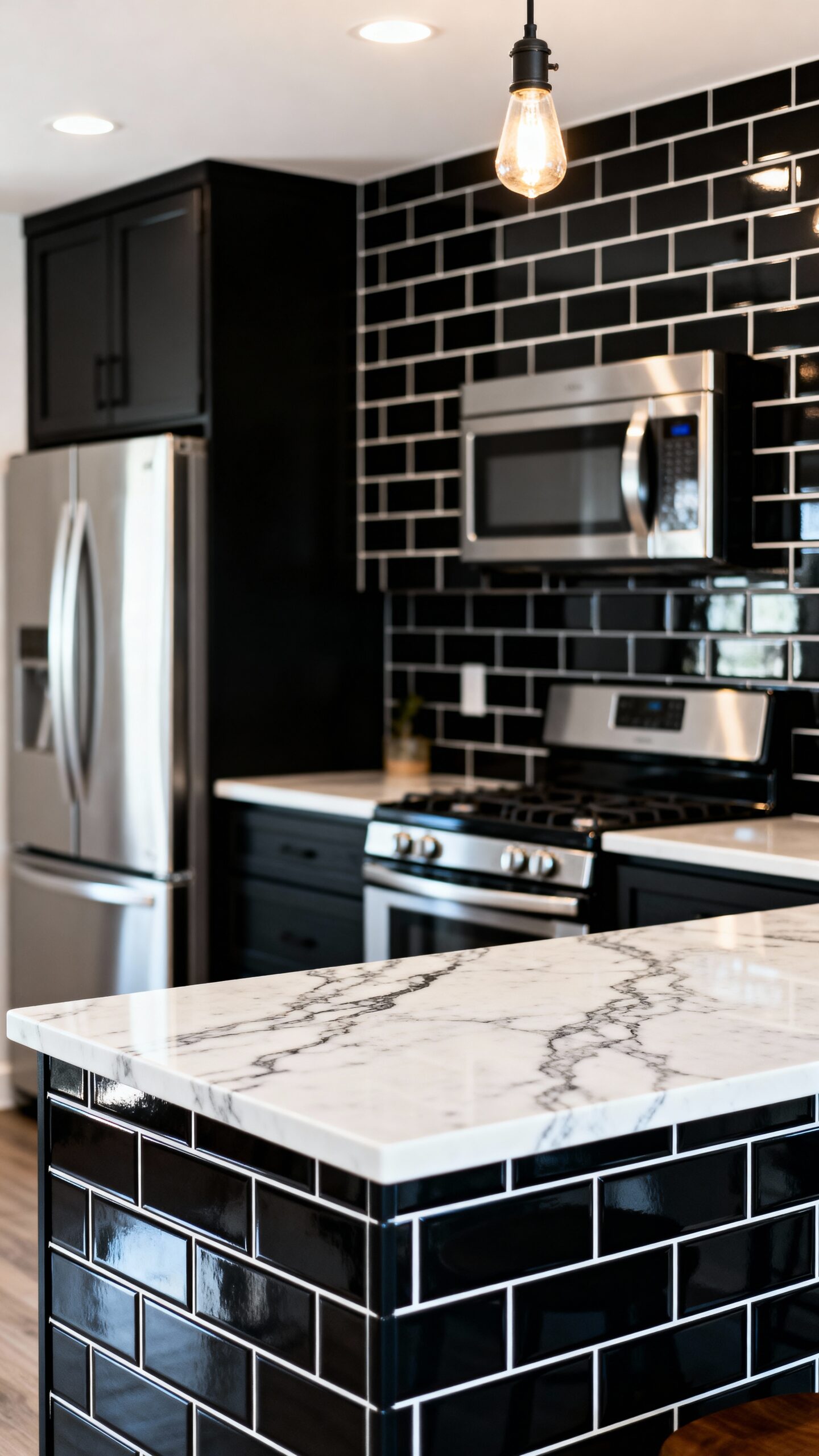 dramatic subway tile backsplash contrast