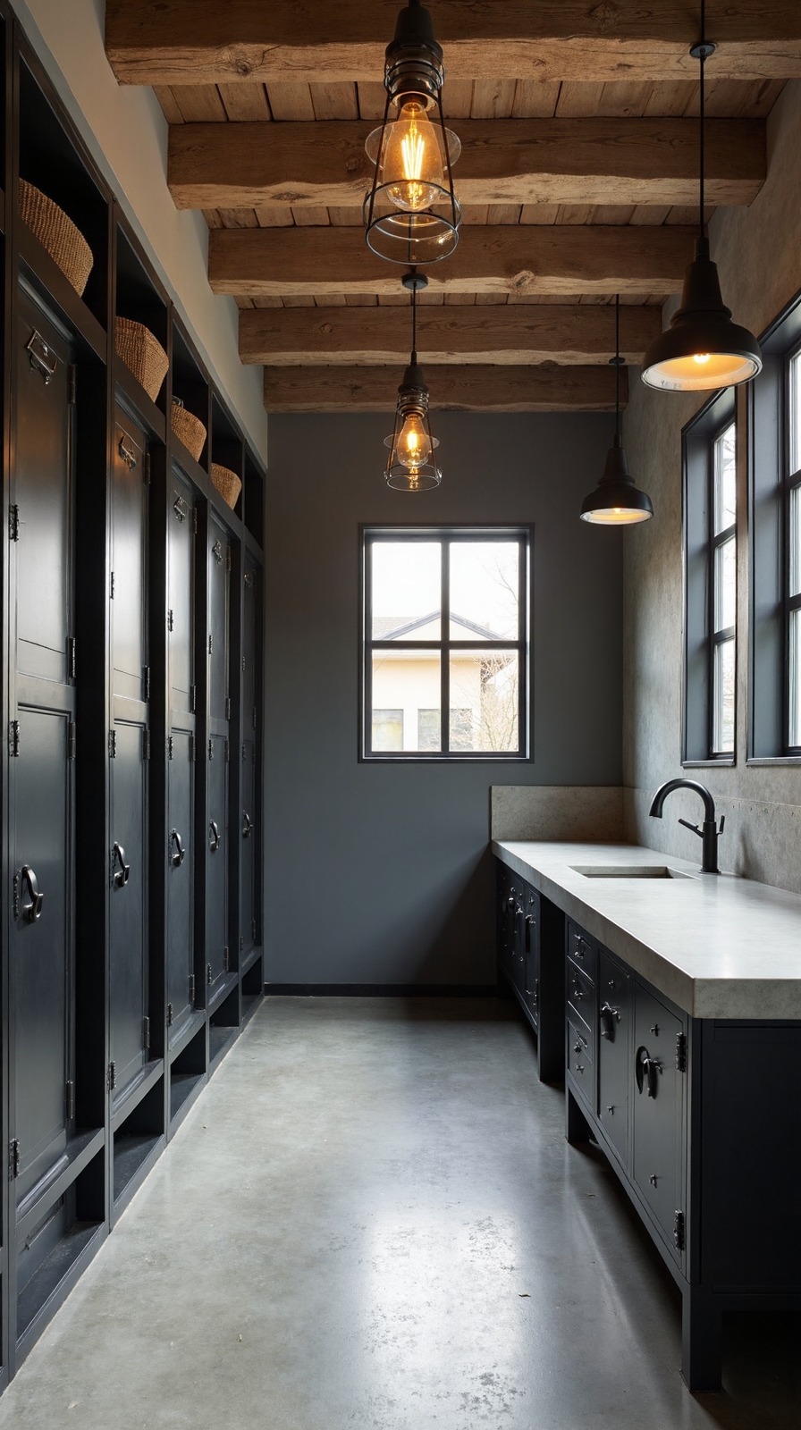 durable sleek low maintenance industrial mudroom design