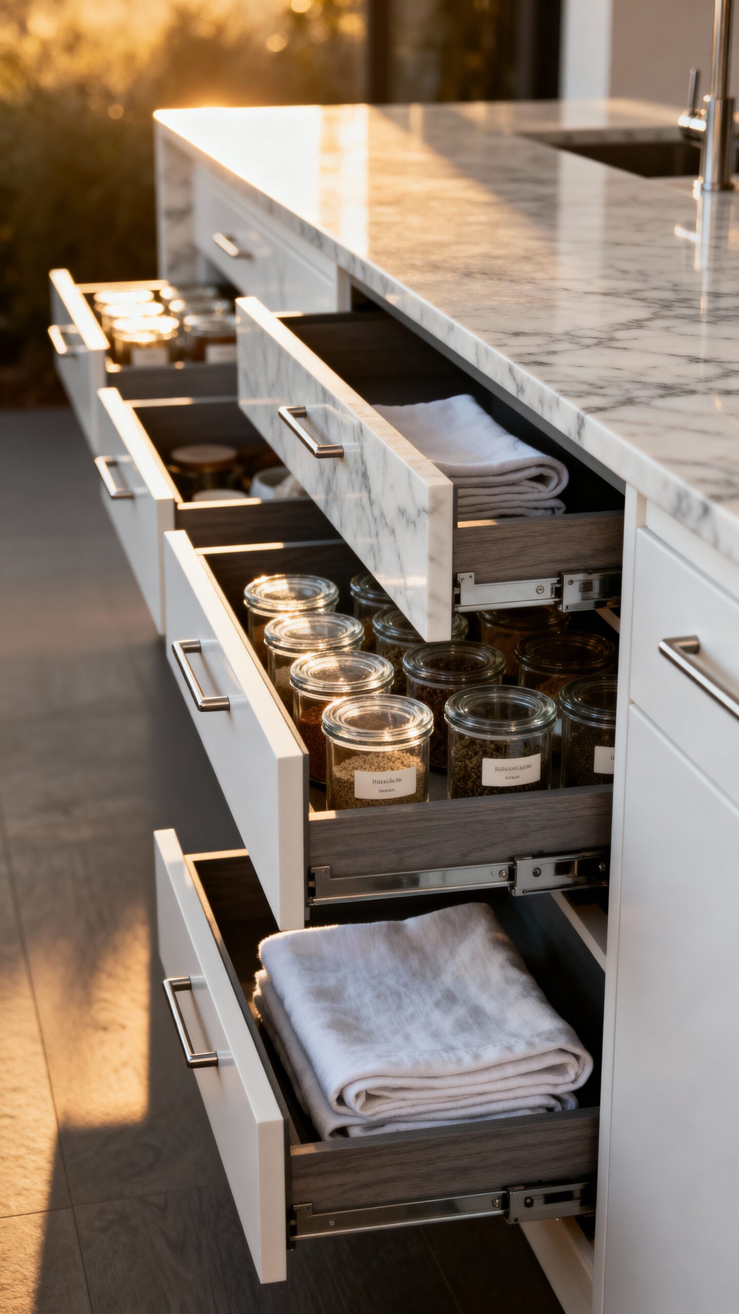efficient narrow peninsula storage drawers