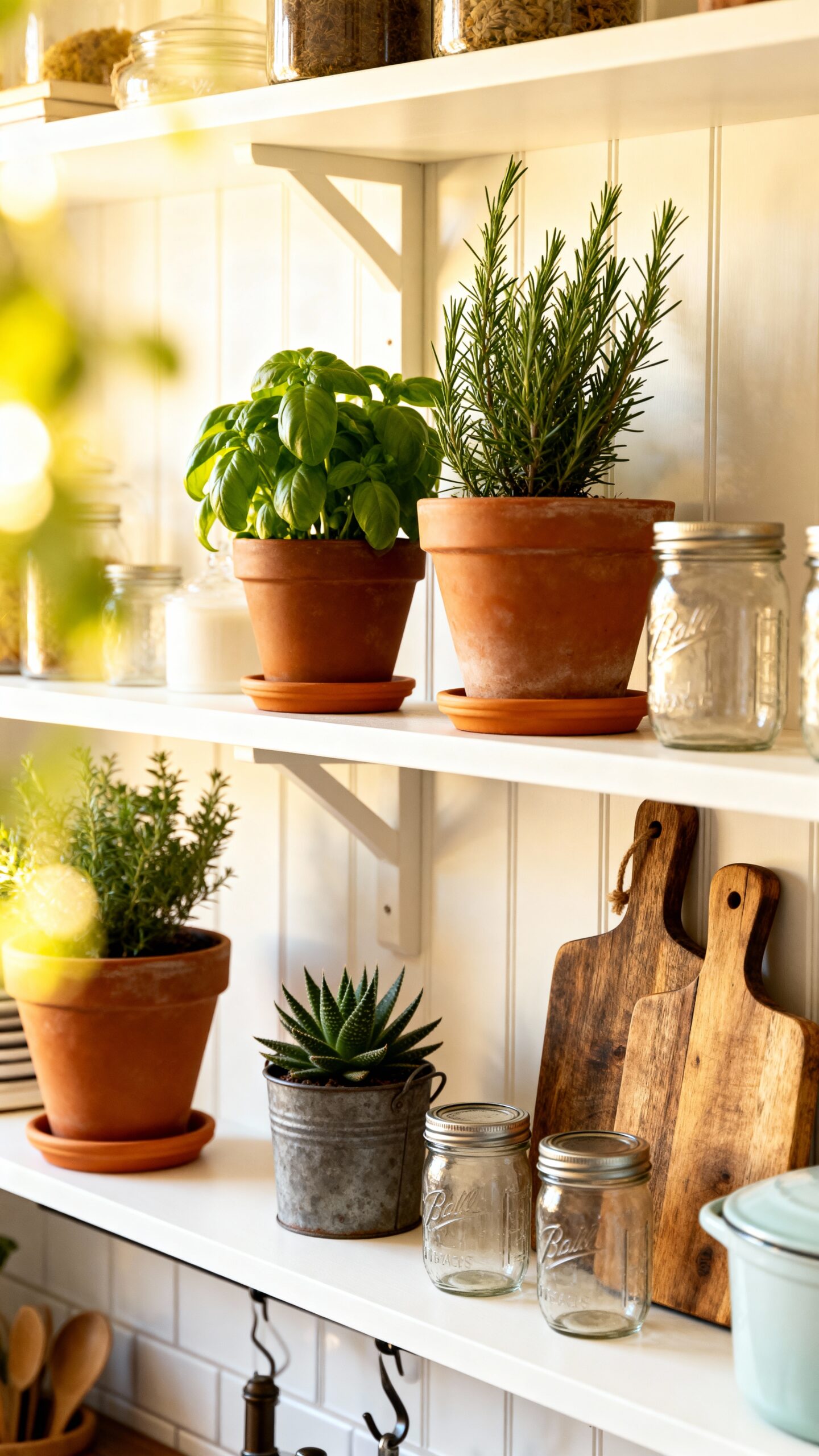 enchanting greenery accents farmhouse kitchen shelves