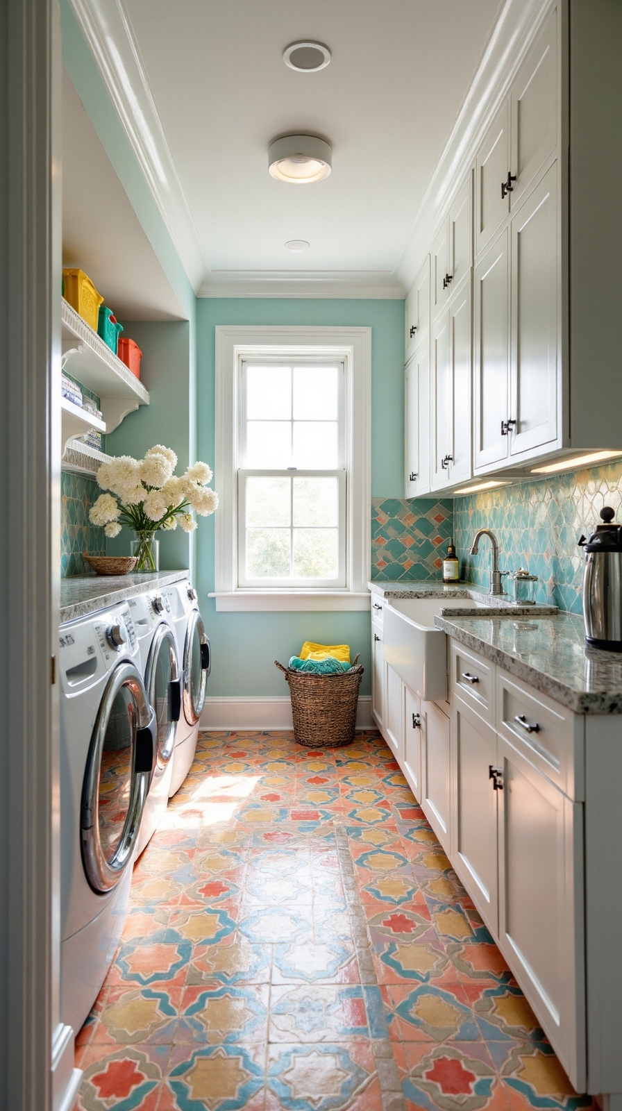 energizing laundry room with colorful flooring
