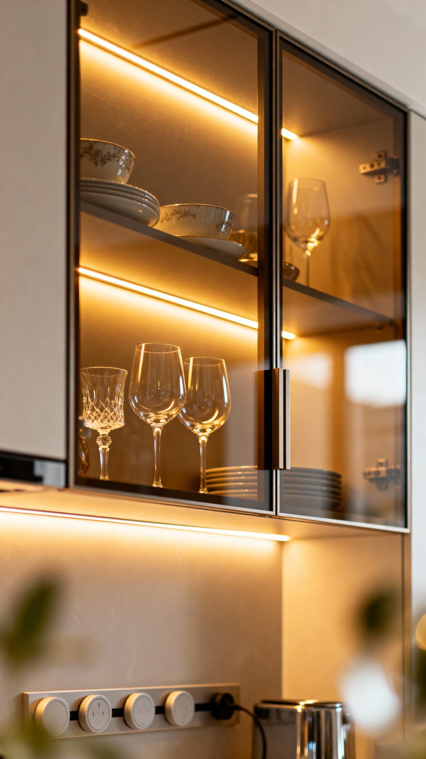 expansive luminous glass fronted kitchen cabinets