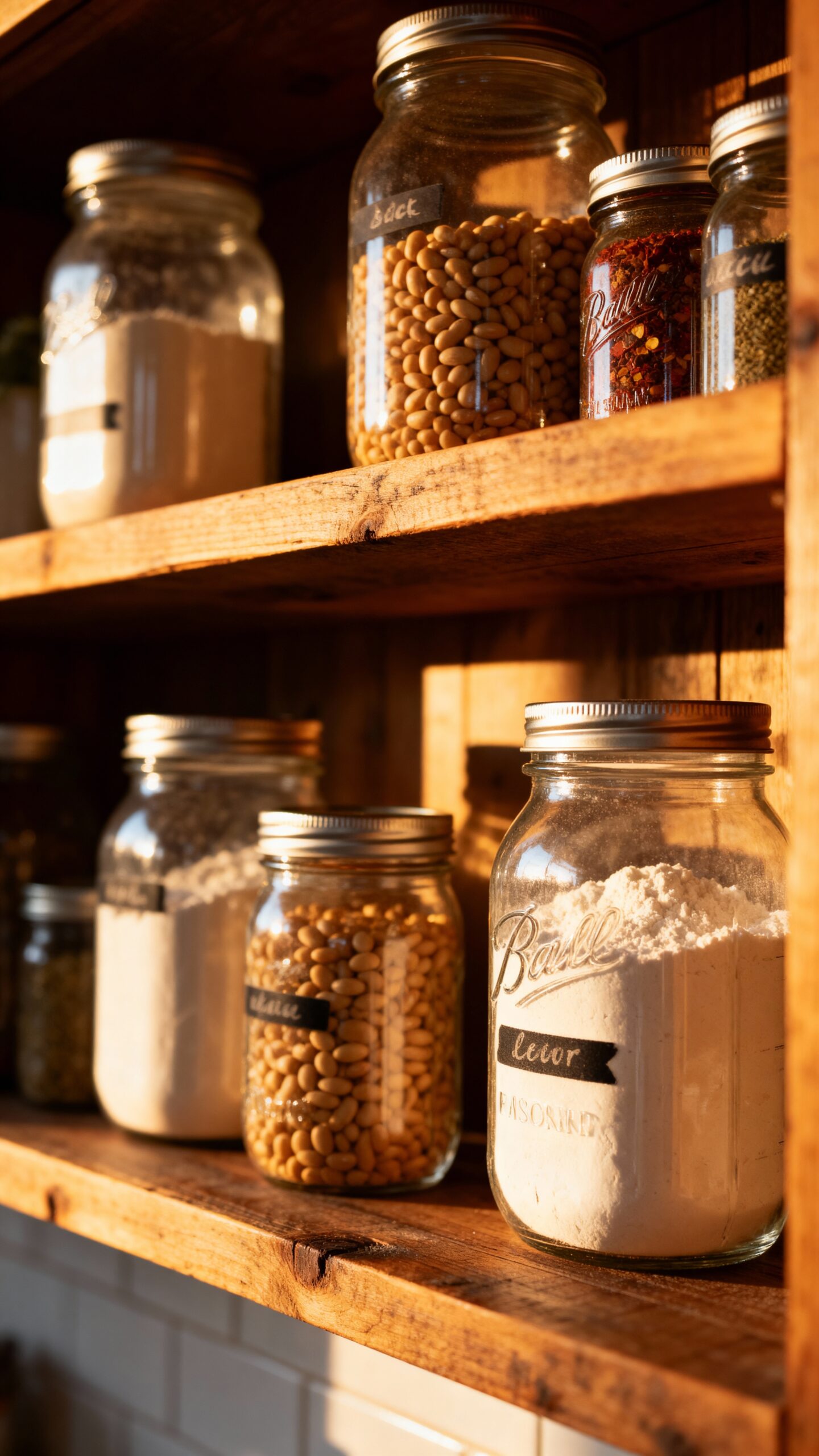 farmhouse inspired pantry organization in mason jars