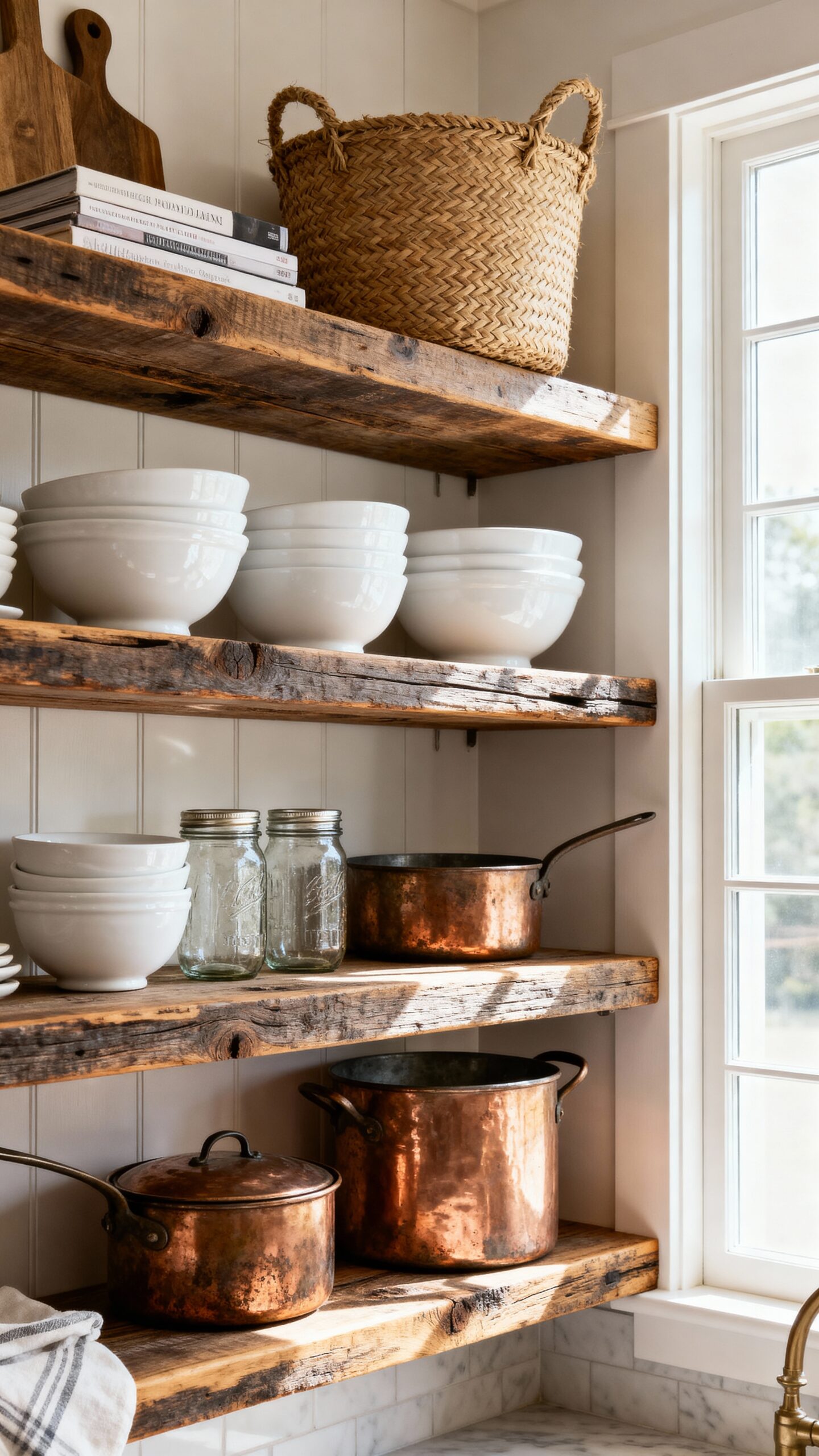 farmhouse kitchen open shelving reclaimed wood