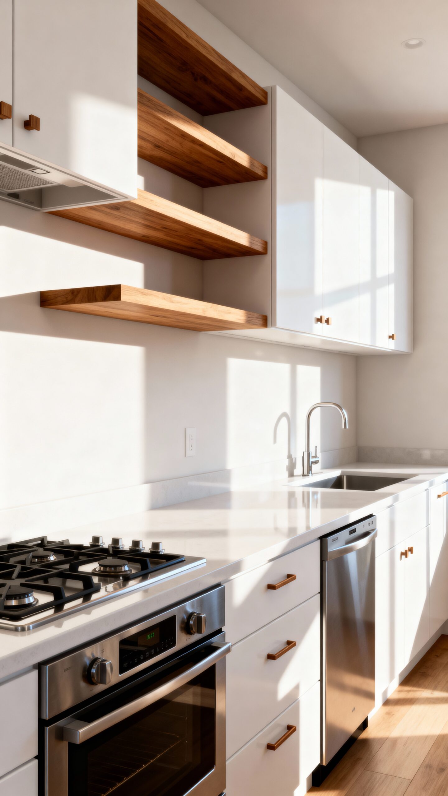 floating shelves clean lines visual lightness