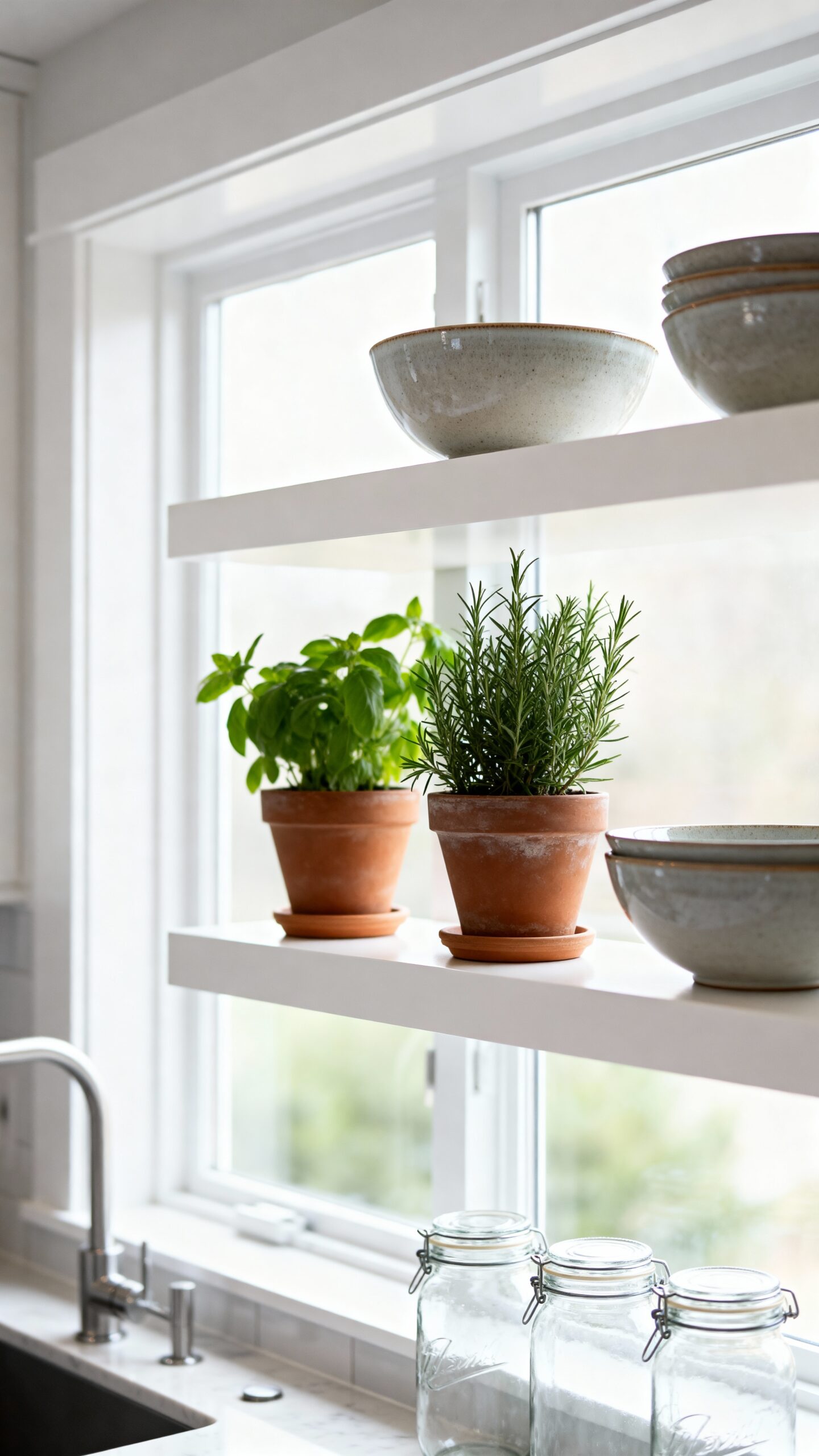 floating shelves for kitchen window display