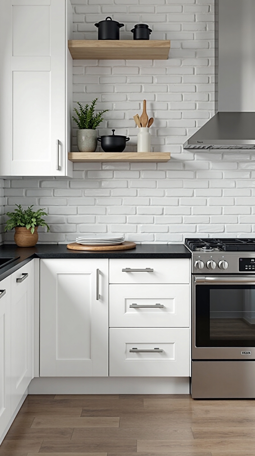 horizontal linear minimalist brick backsplash