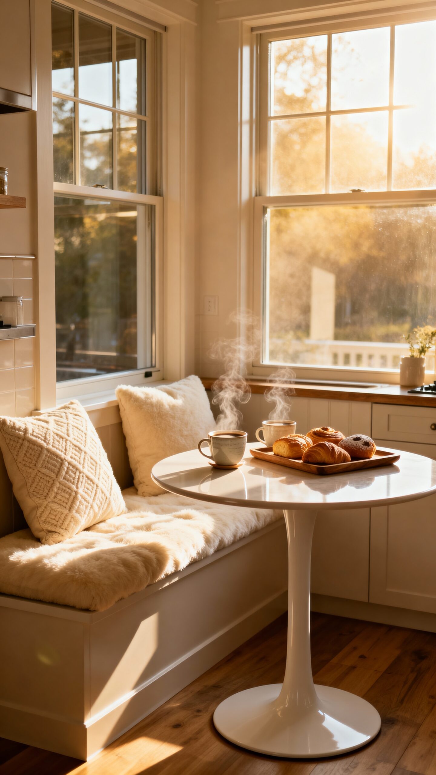 intimate breakfast nook with pedestal table