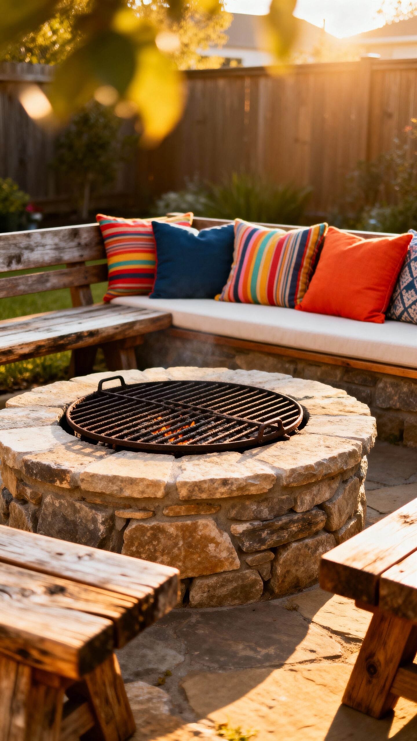 inviting backyard gathering around fire pit