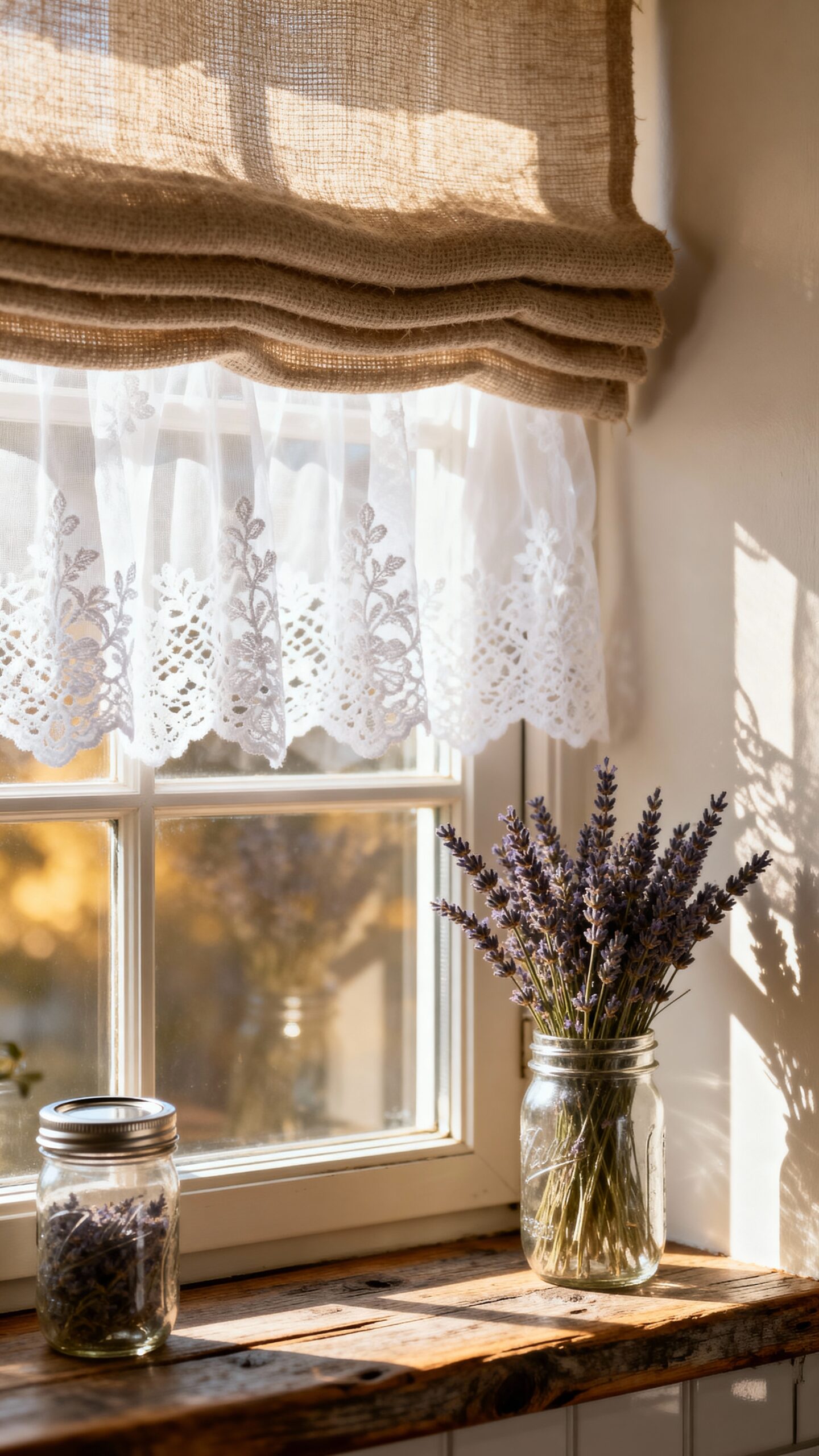 layered farmhouse kitchen window treatments