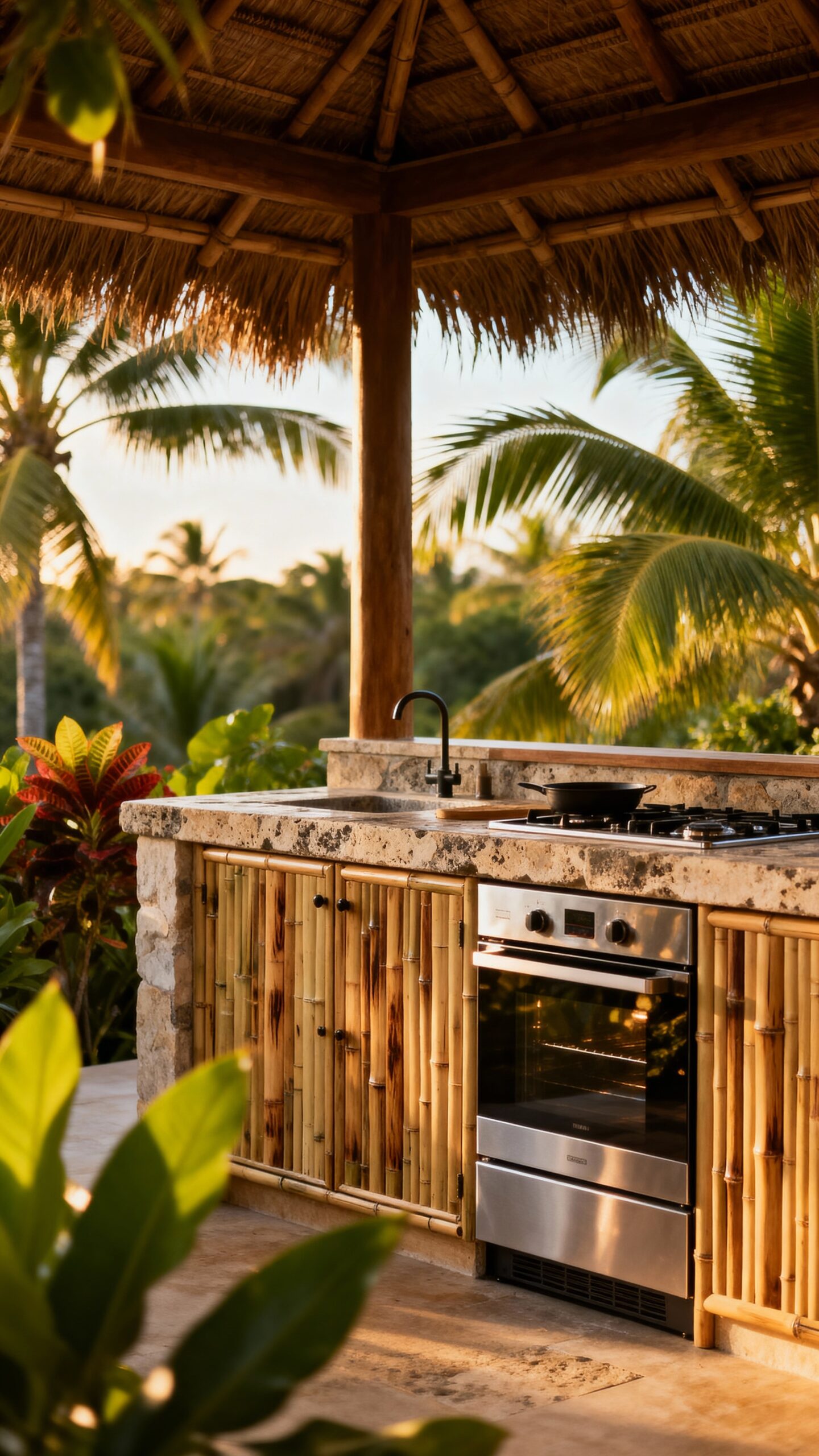 lush tropical outdoor kitchen pavilion