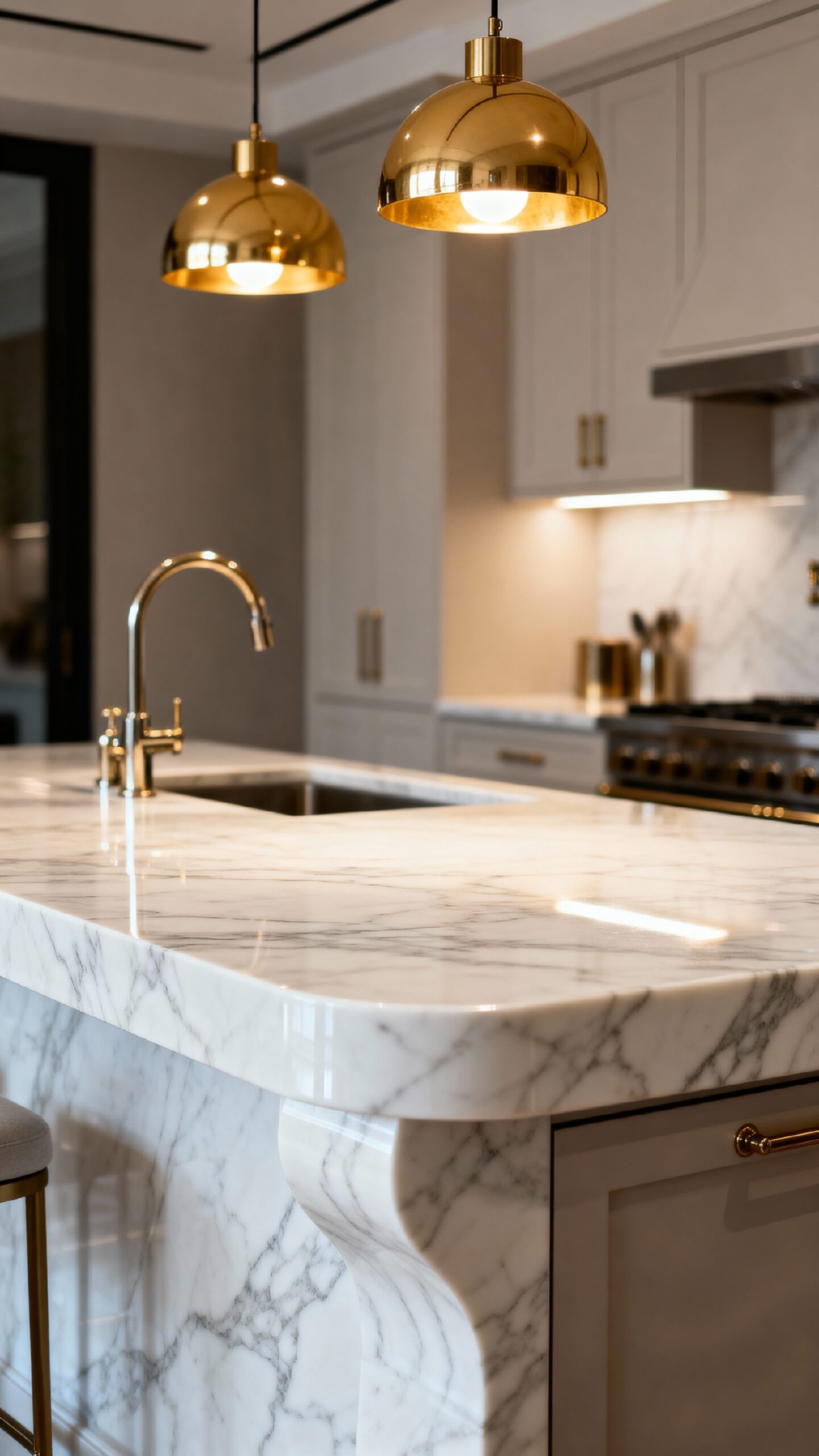 luxurious marble topped kitchen island centerpiece