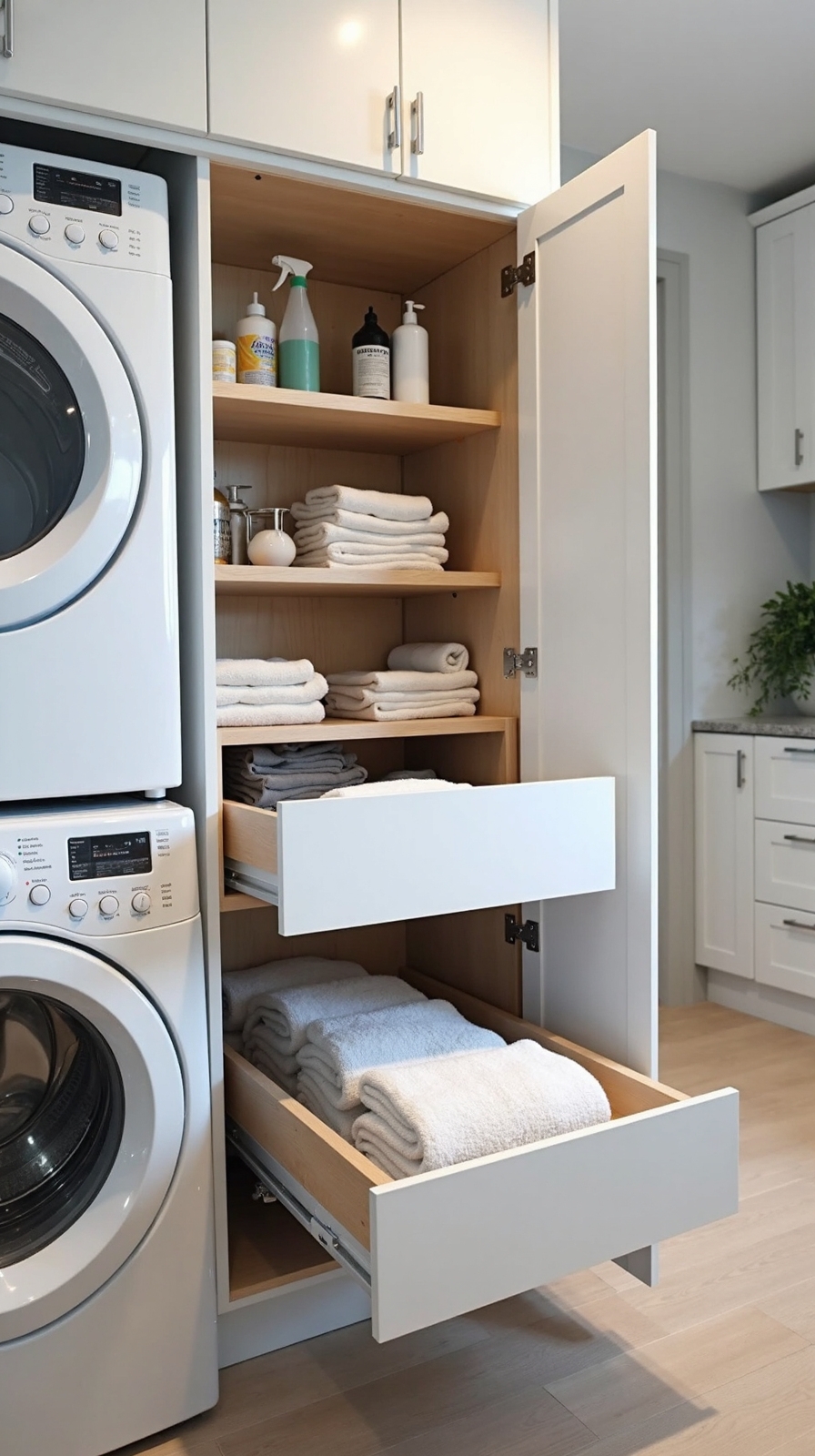 maximize laundry storage through pullout drawers