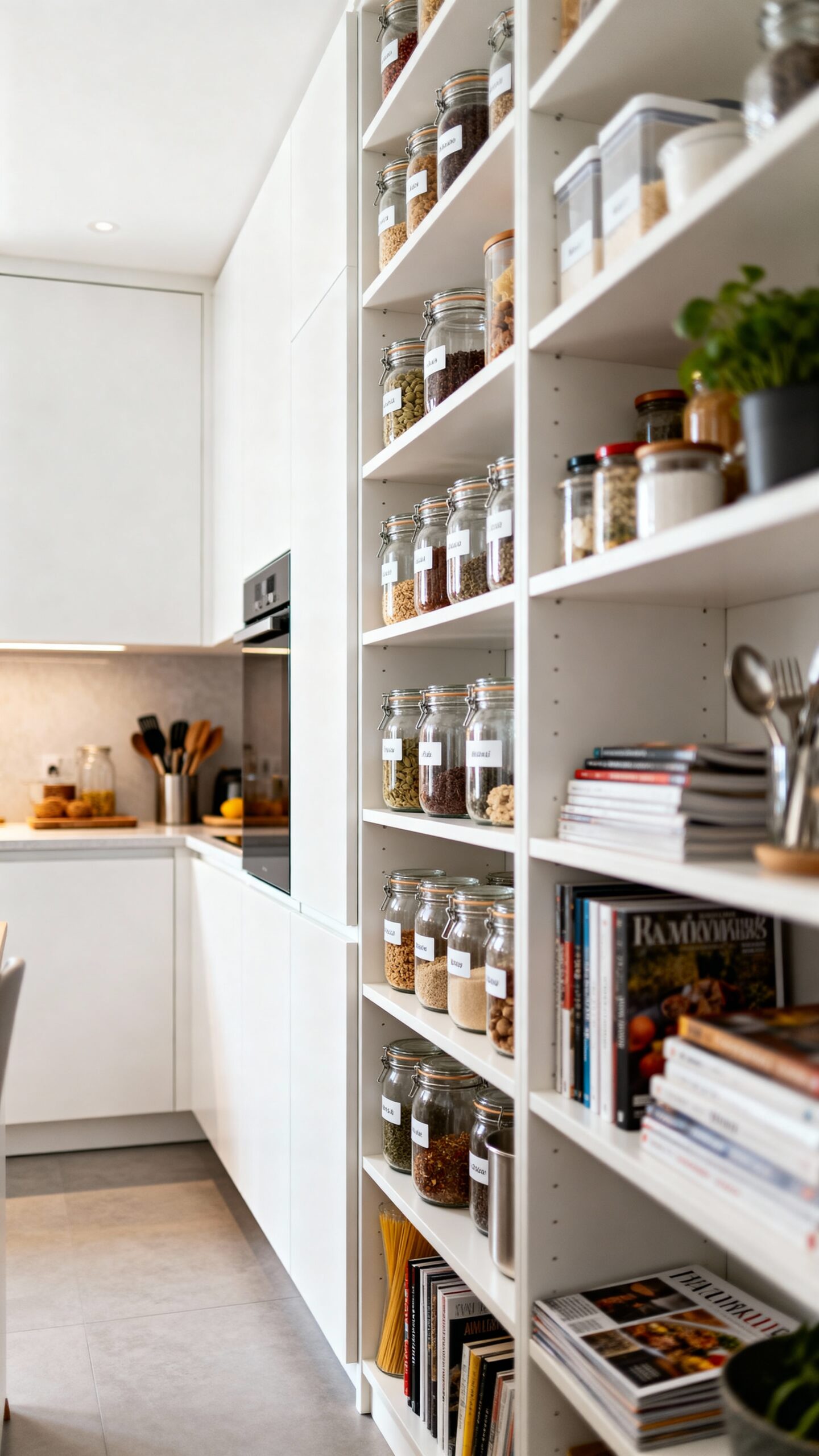 maximize vertical storage with floor to ceiling shelves