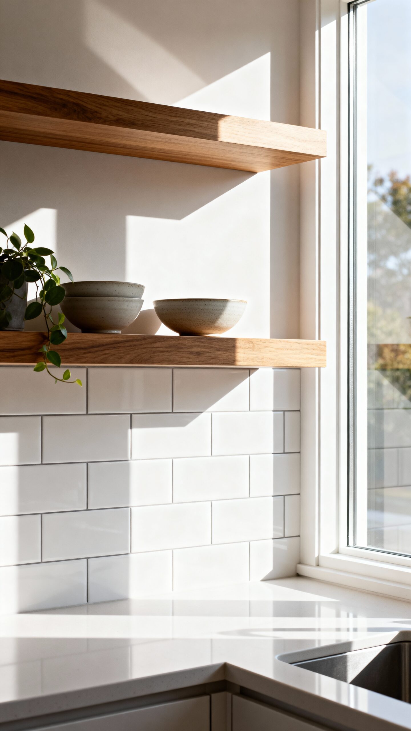 minimalist kitchen backsplash with floating shelves