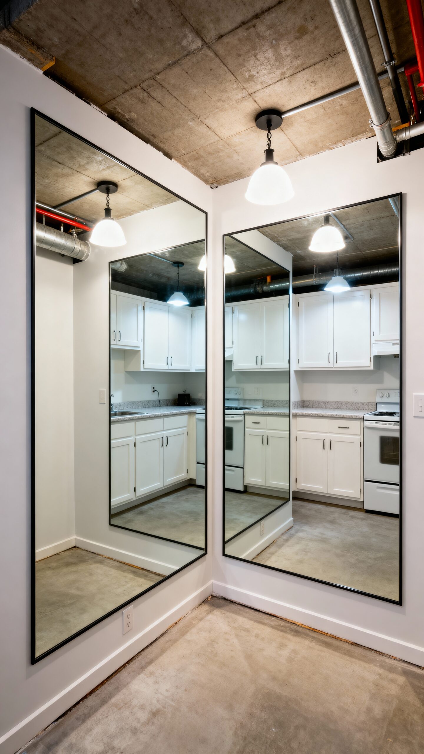 mirrors expand visually basement kitchen space