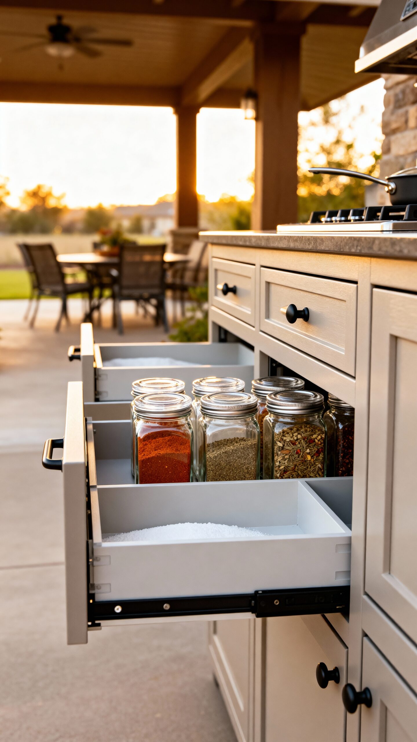 moisture resistant spice storage for outdoor kitchens