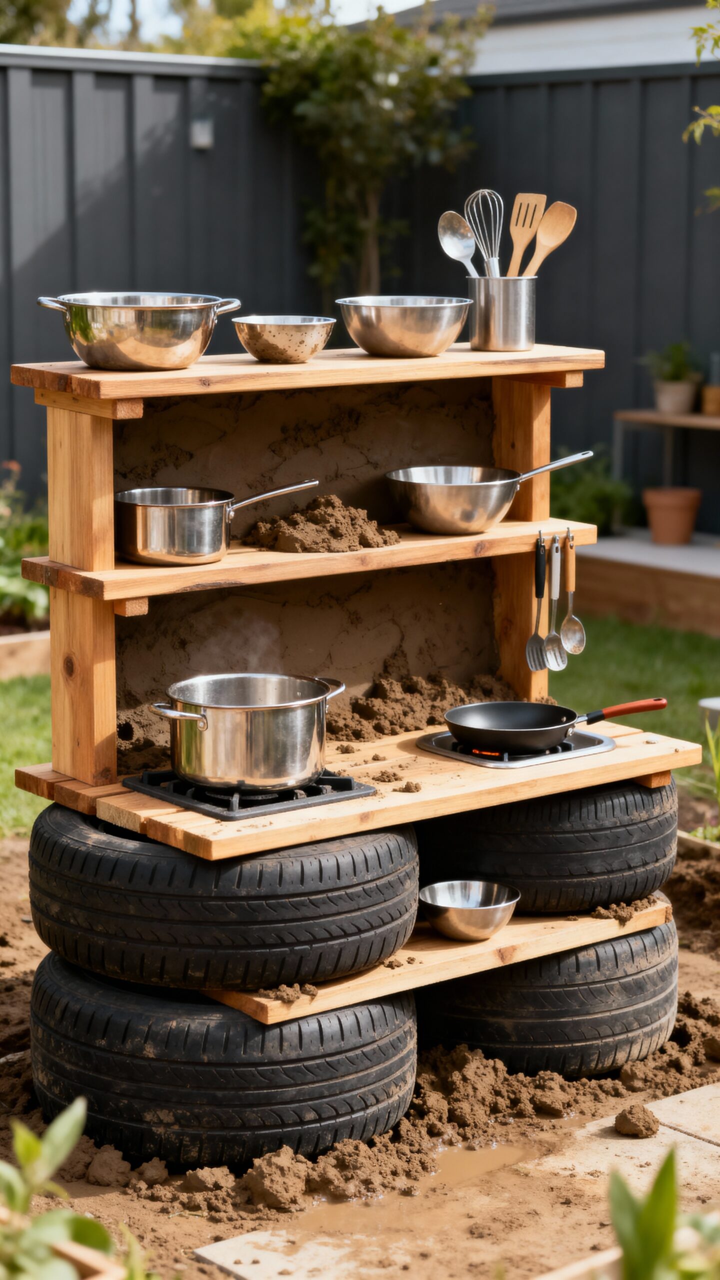 multi level tire and plank cooking area