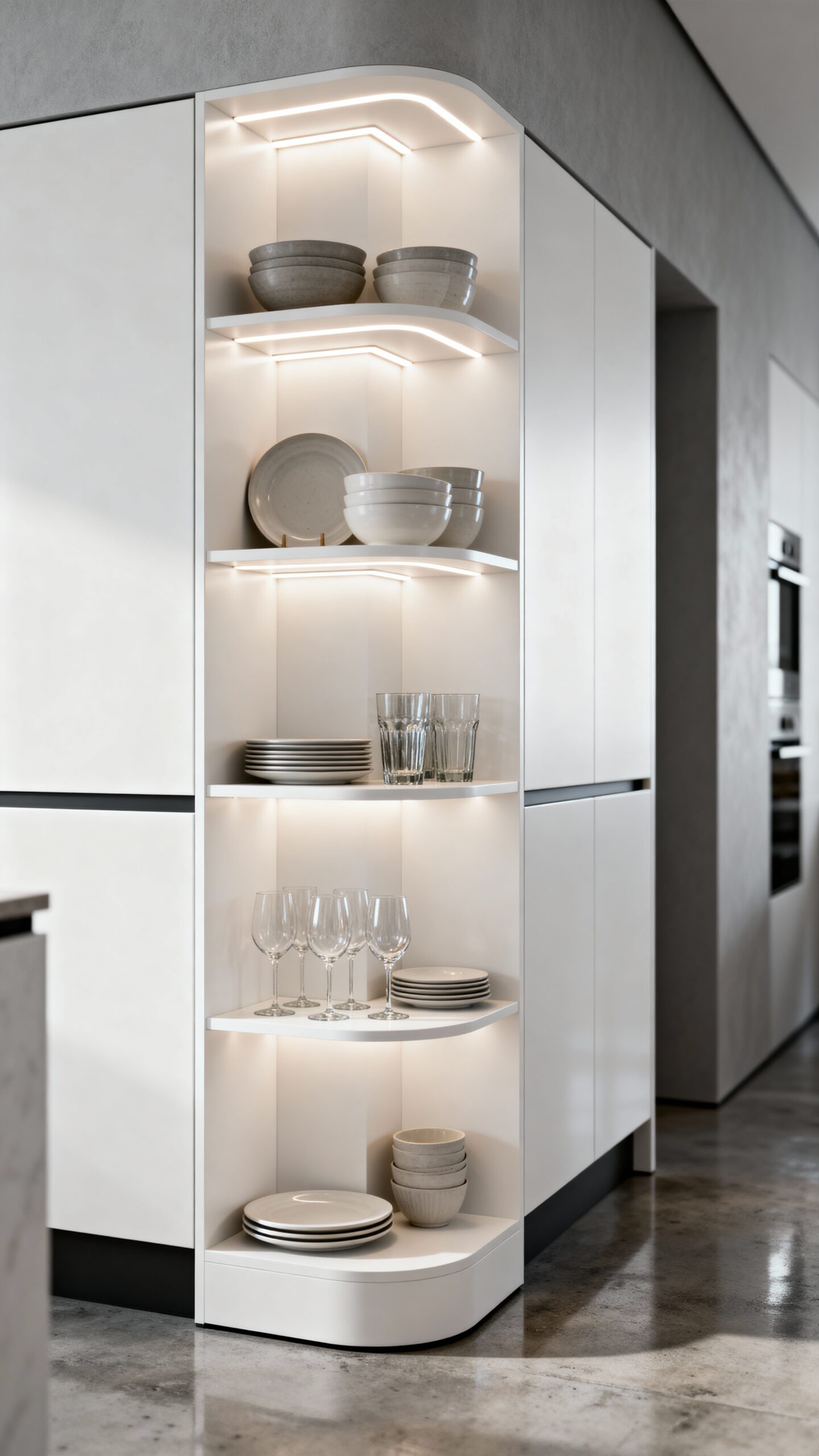 open corner shelving with lighting