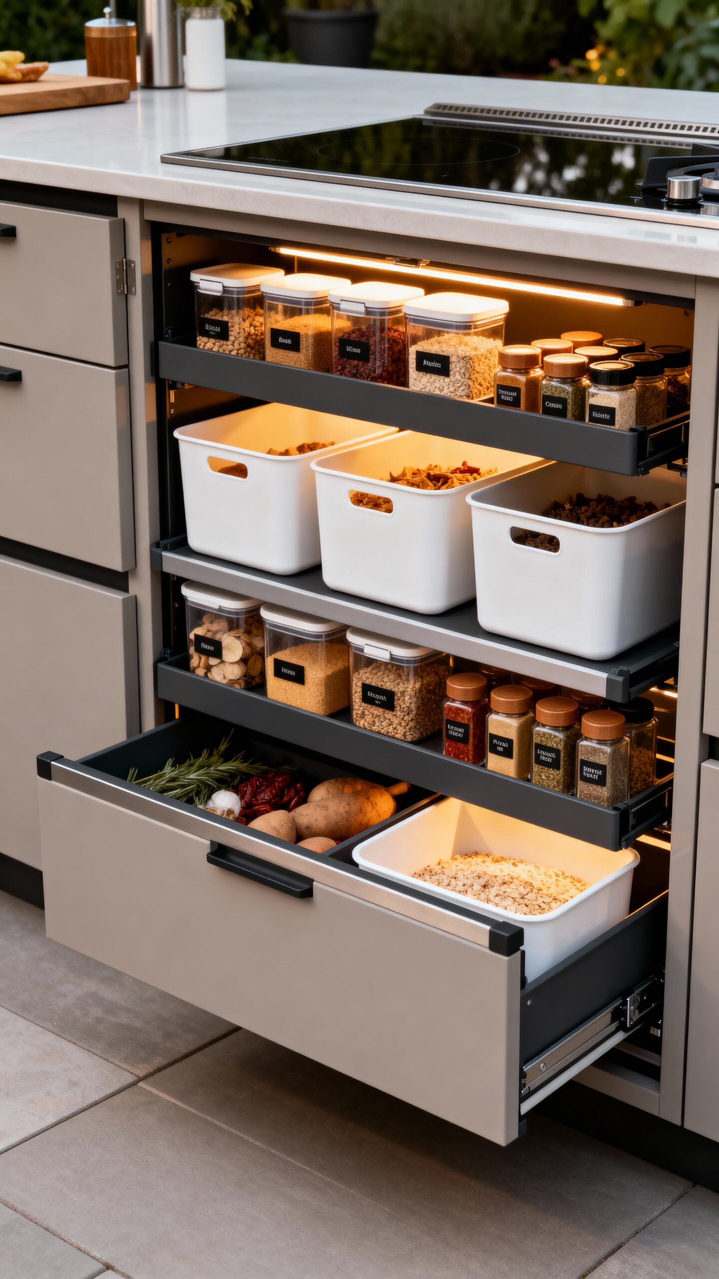 organized accessible outdoor kitchen pantry storage