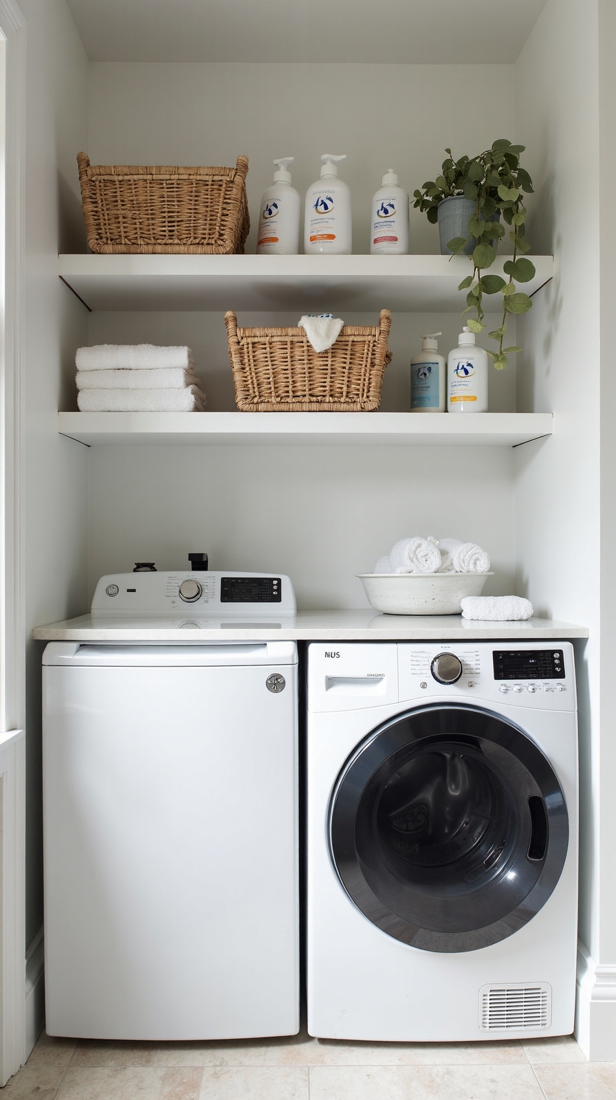 organized elevated laundry room storage