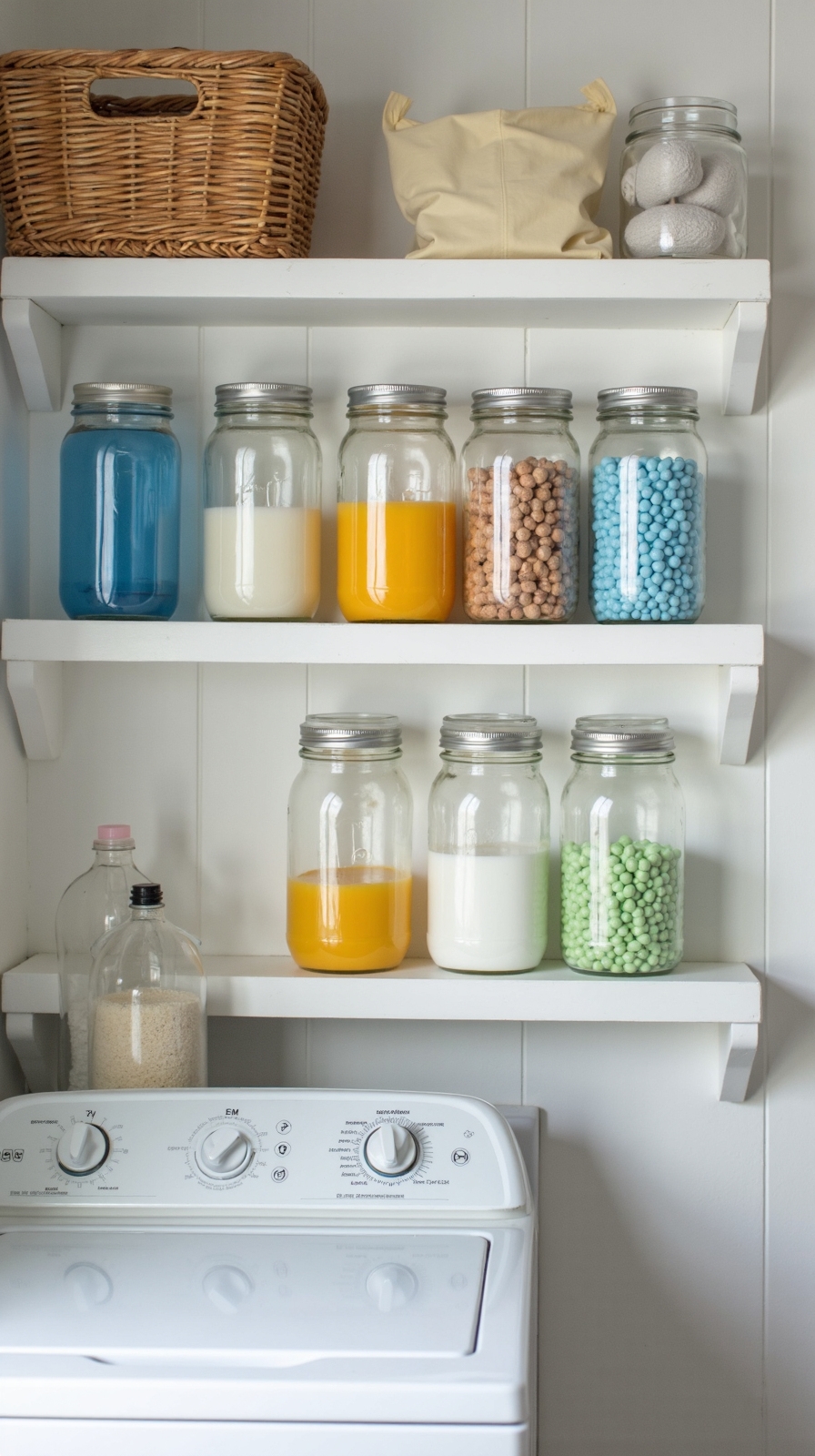 organized laundry room with mason jars