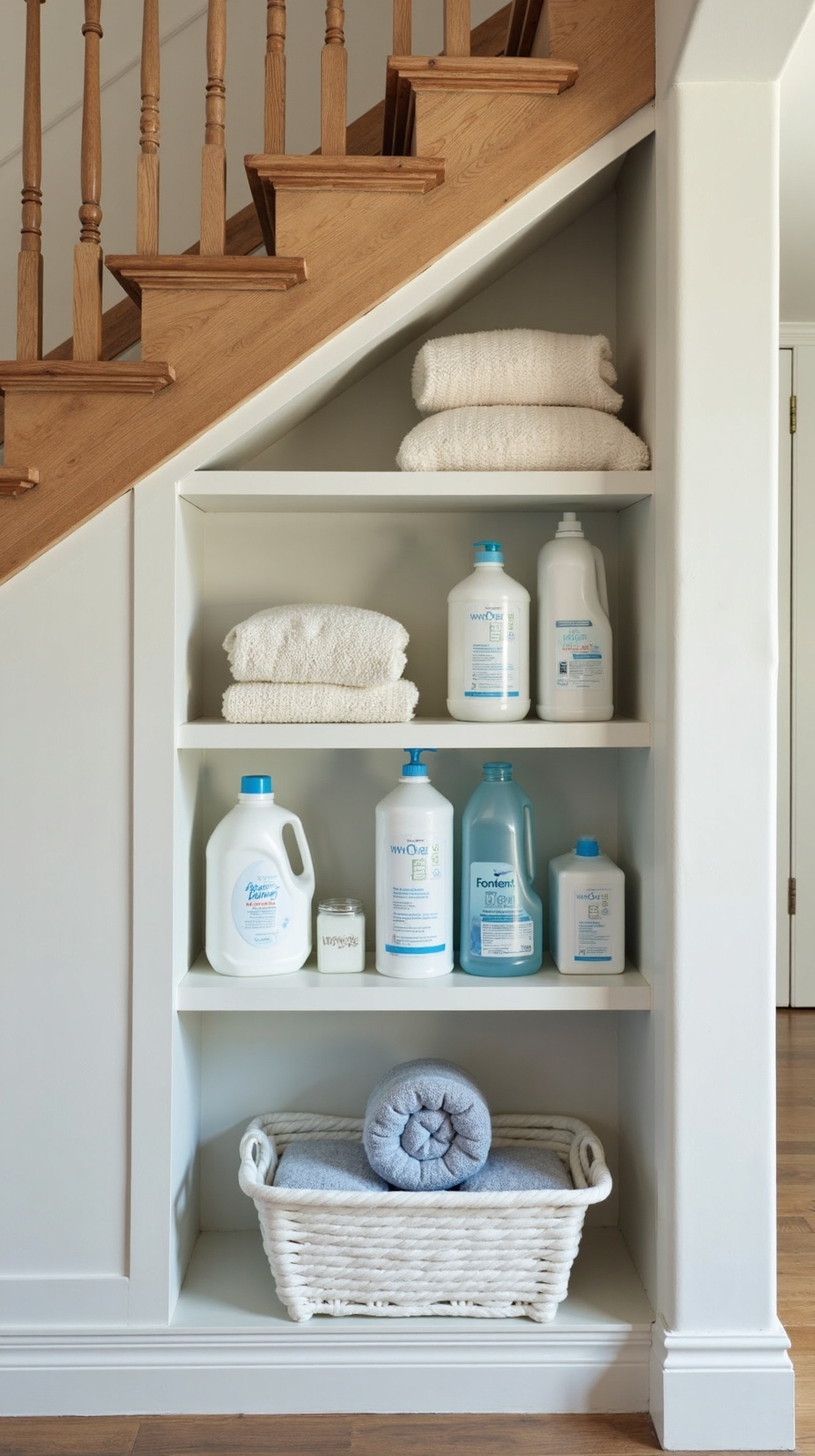 organized laundry storage under stairs
