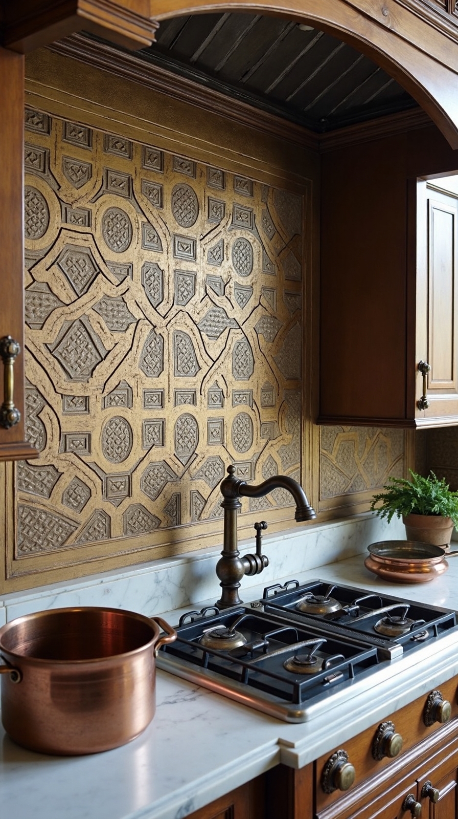 ornate victorian inspired pressed tin backsplash