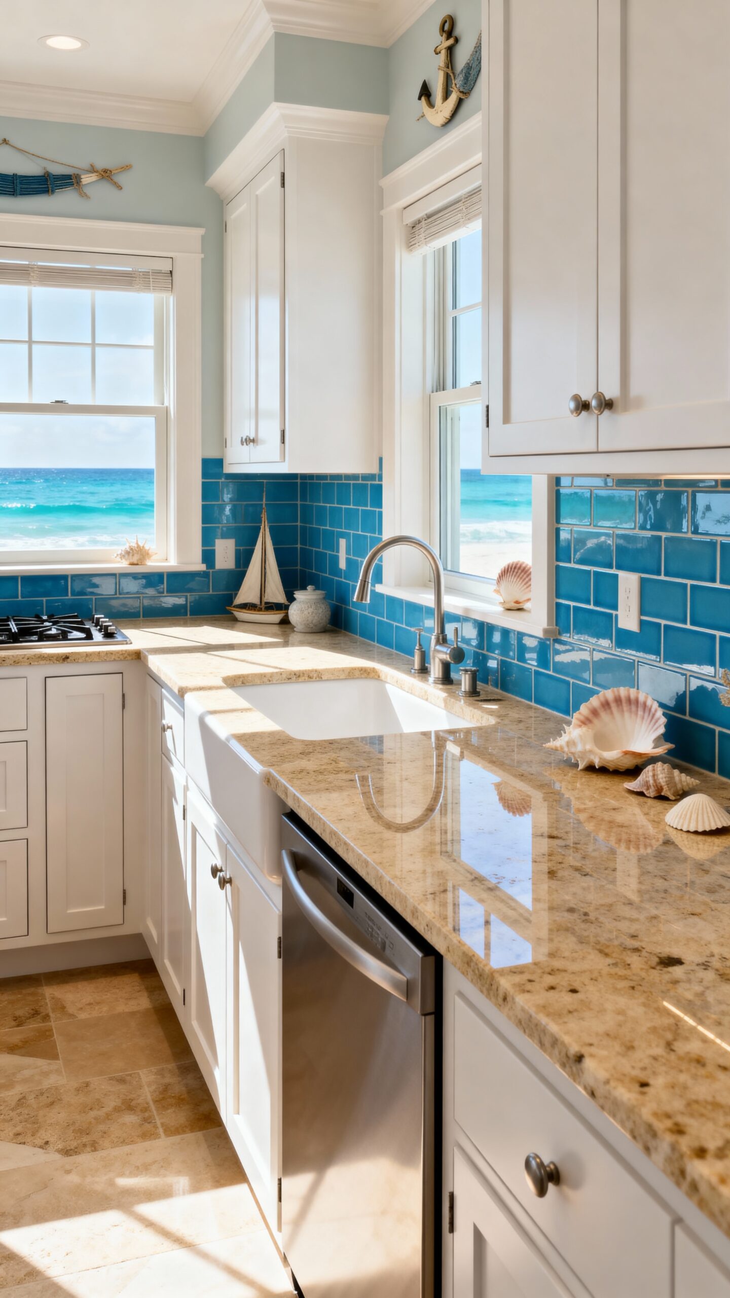 peaceful coastal kitchen stone countertops