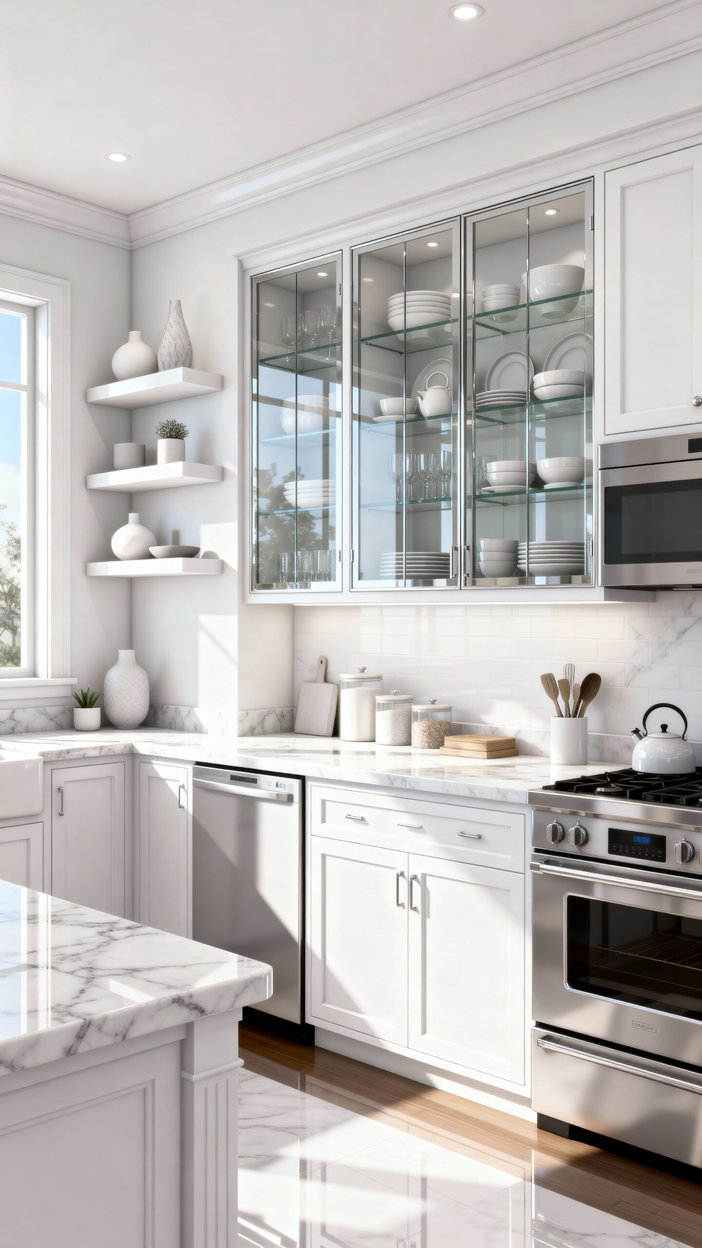 polished glass front kitchen showcasing display