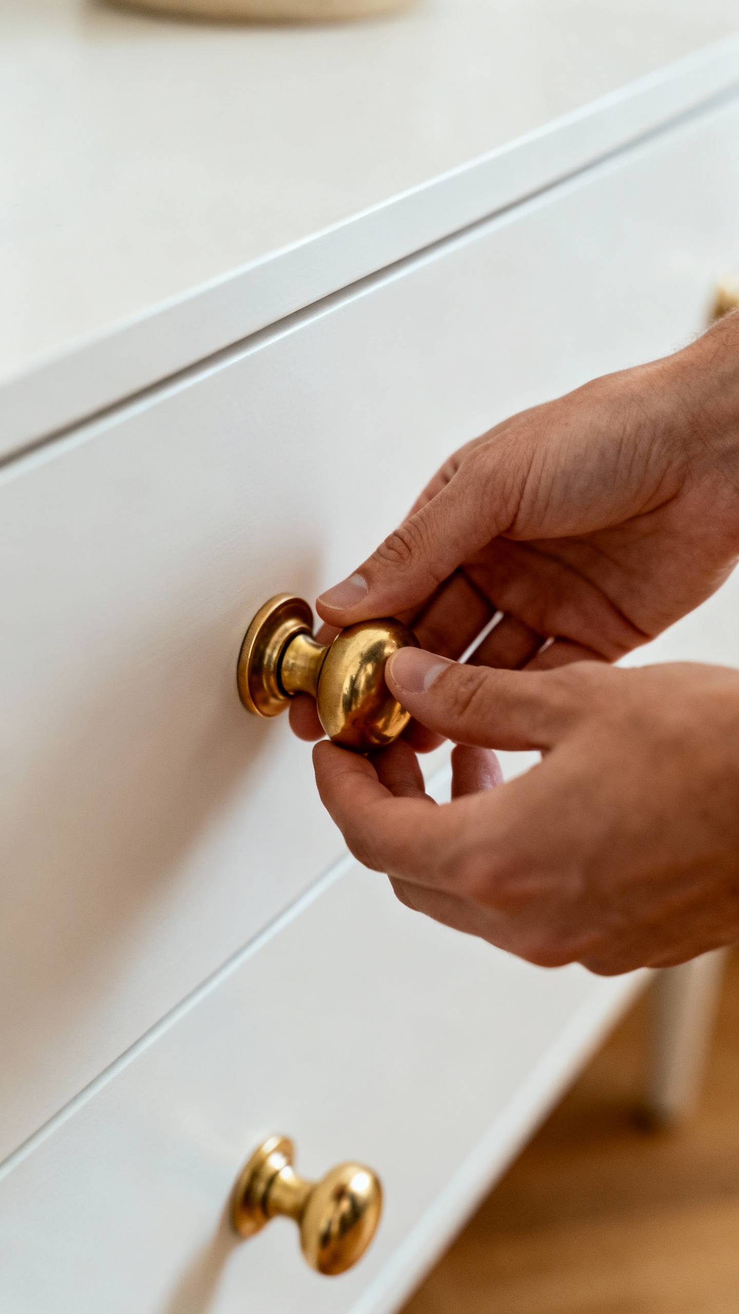 Closeup hands swapping brass knobs on white dresser