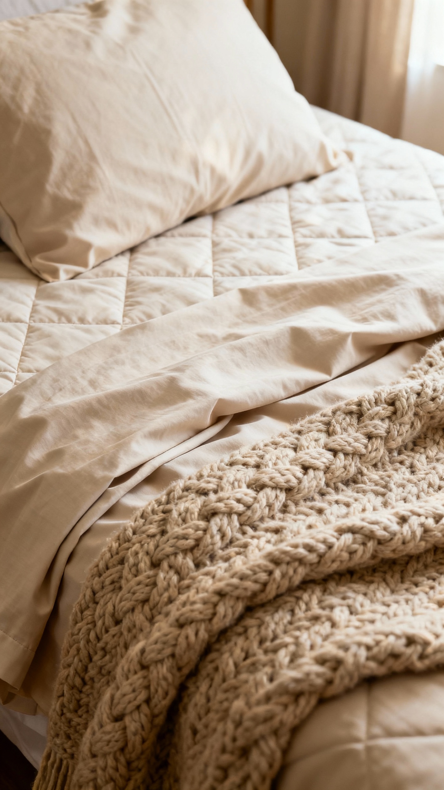Closeup of layered bed: percale sheets, quilt, chunky knit throw, warm neutrals