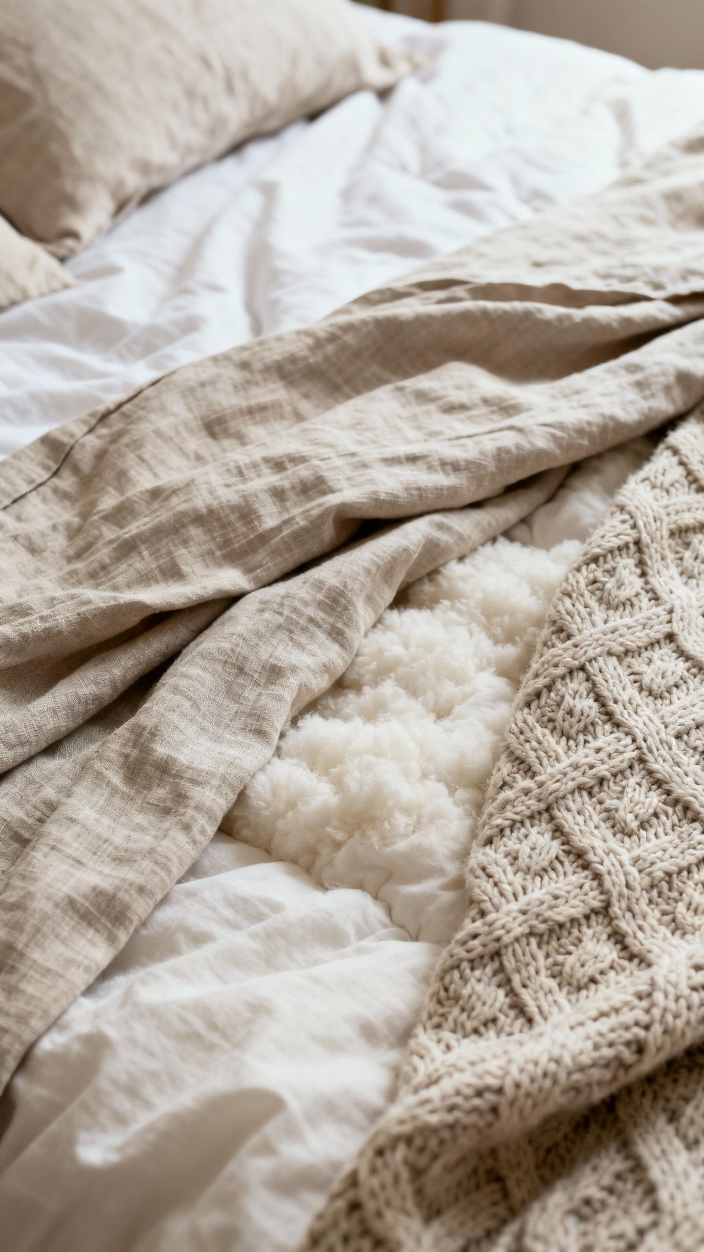 Closeup of layered bedding: linen sheets, cotton duvet, knit throw, neutral tones