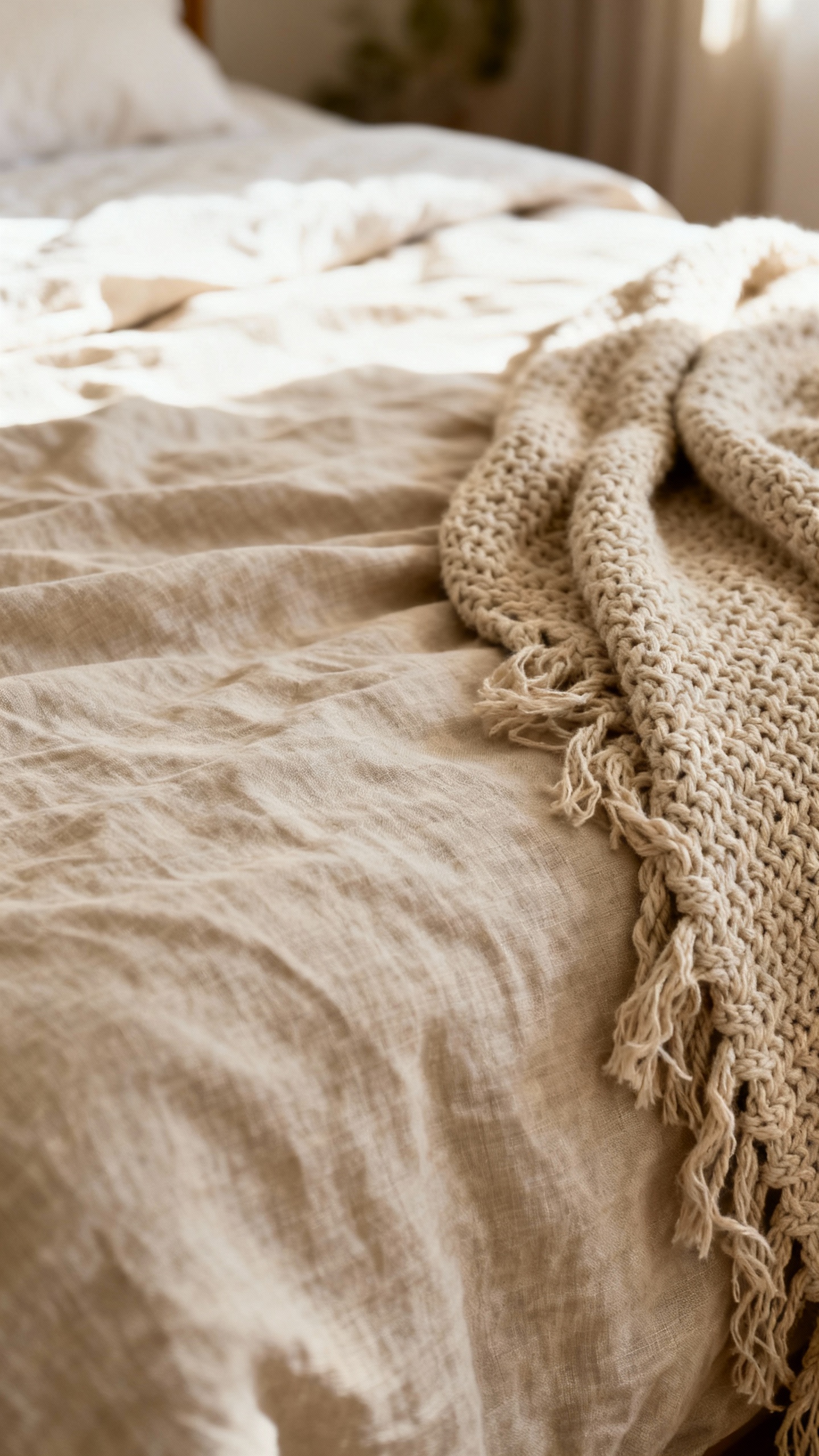 Closeup of linen duvet and textured knit throw, neutral beige tones
