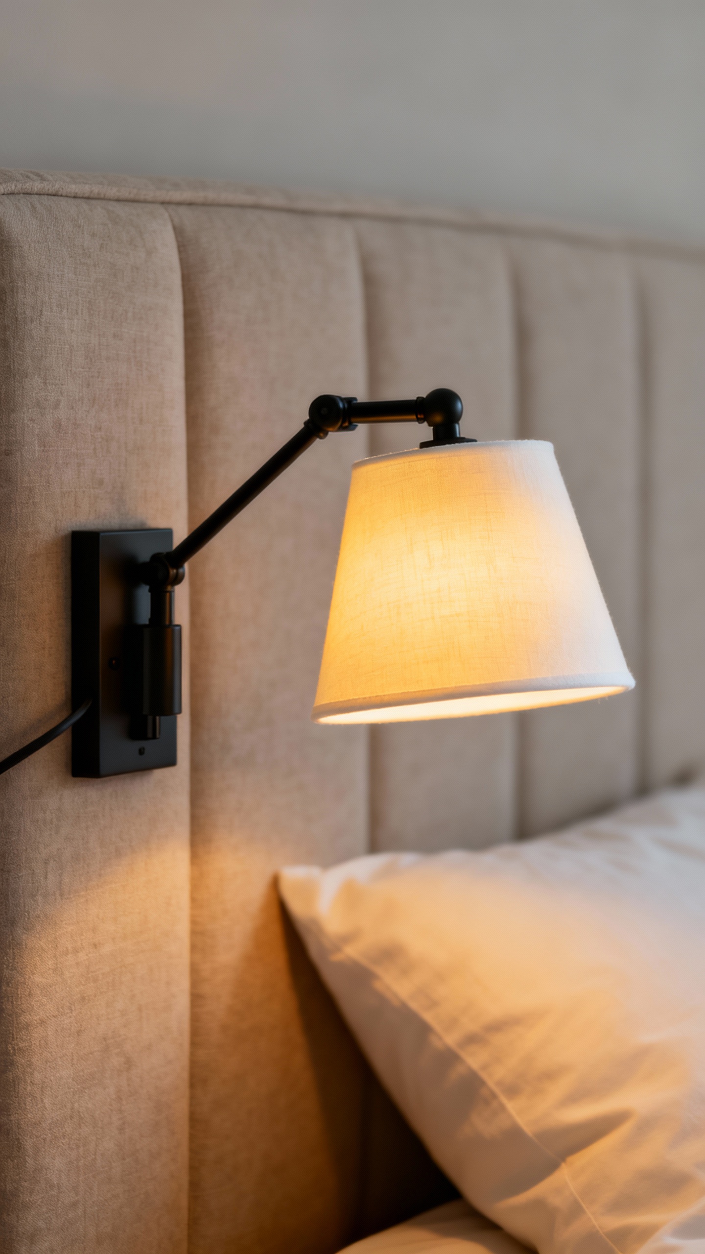 Closeup of plug-in swing arm sconce over neutral headboard, warm 2700K glow