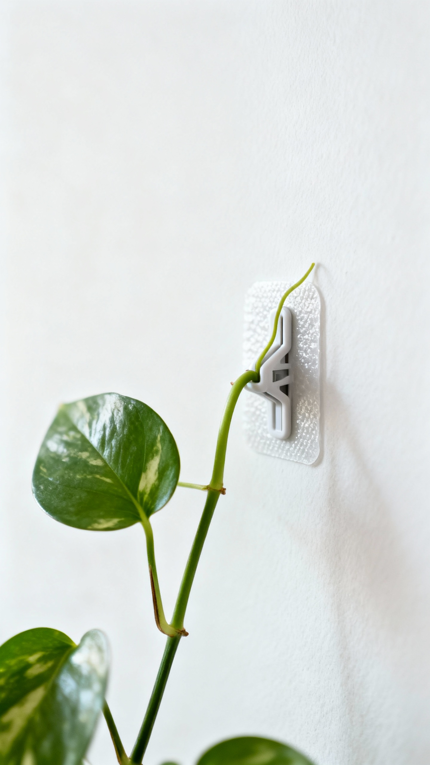 Closeup sticky plant clip guiding pothos stem on white wall