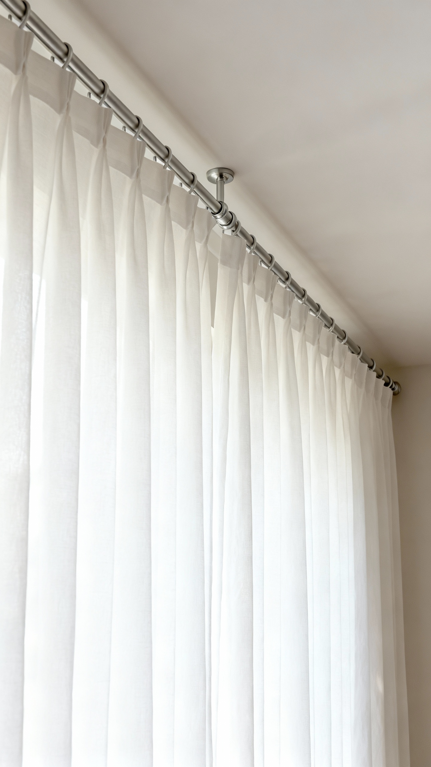 Curtain installation closeup: rods mounted high and wide, airy white drapes