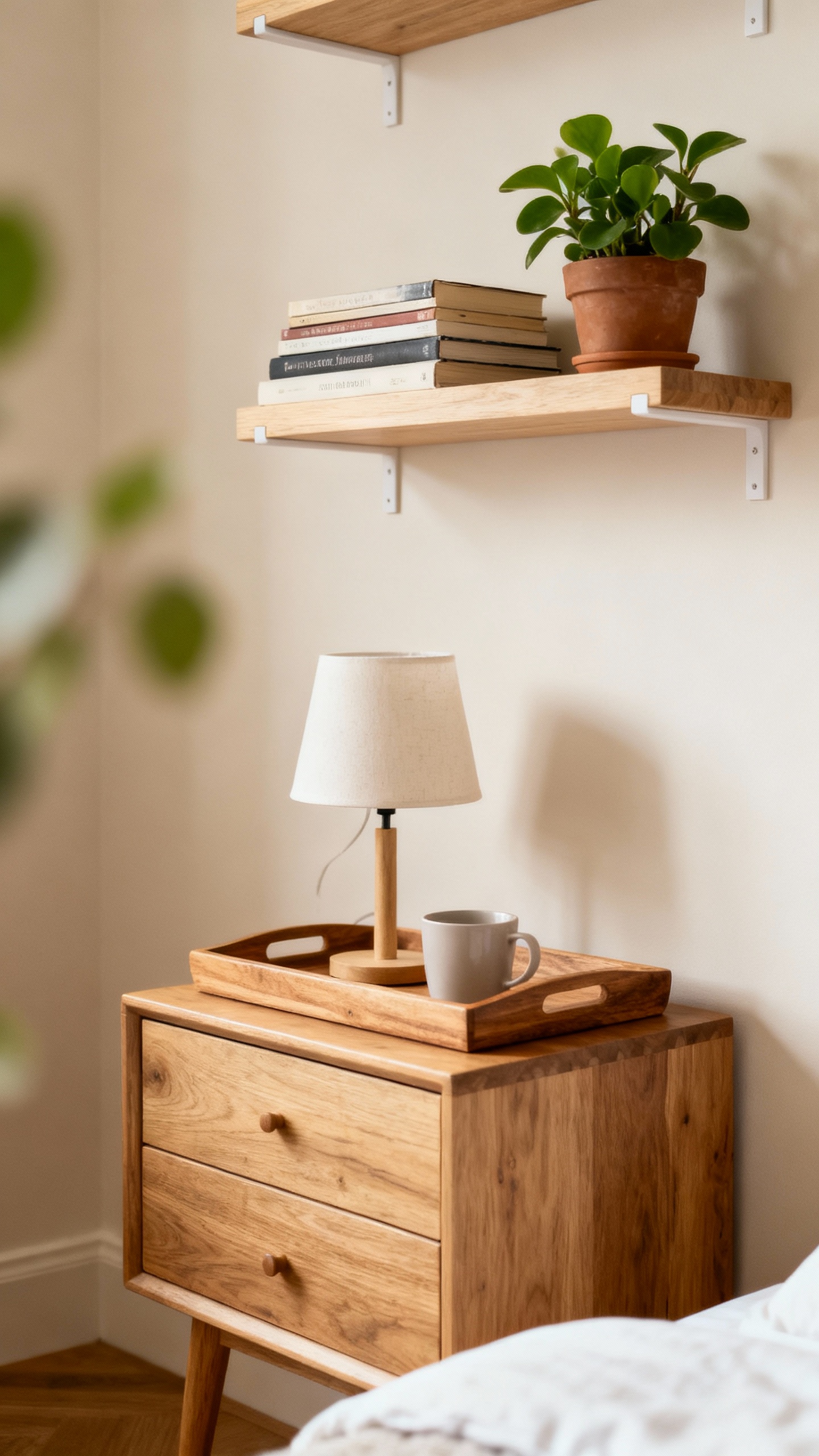 Floating shelves with books and plant above small dresser-nightstand, tray corralled essentials