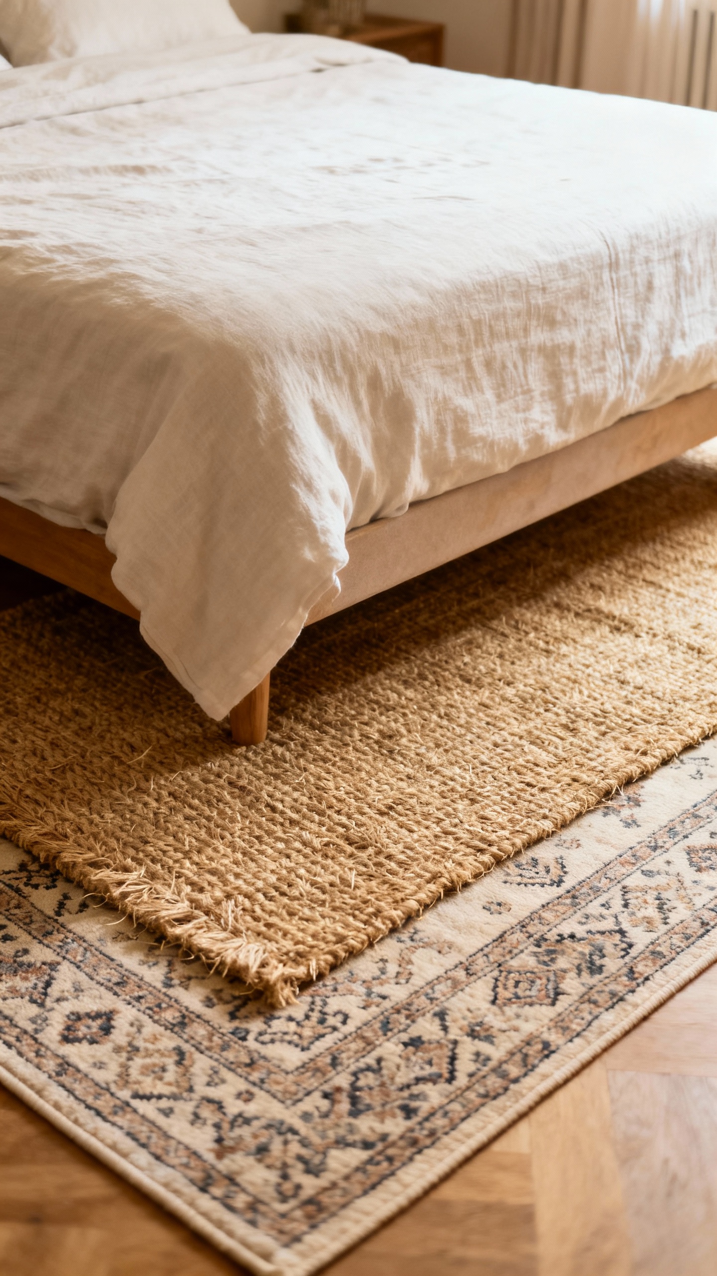 Layered jute rug with smaller patterned rug under queen bed