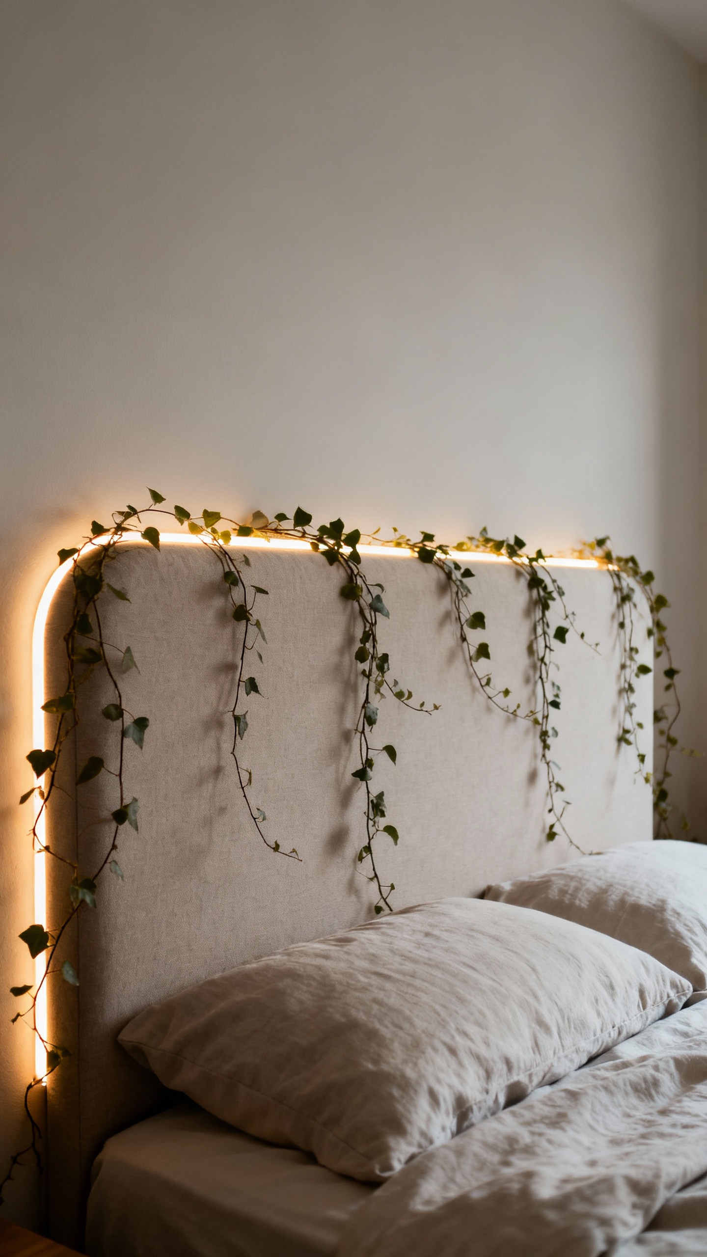 Neutral bedroom headboard halo: vines draped, LED lights, closeup