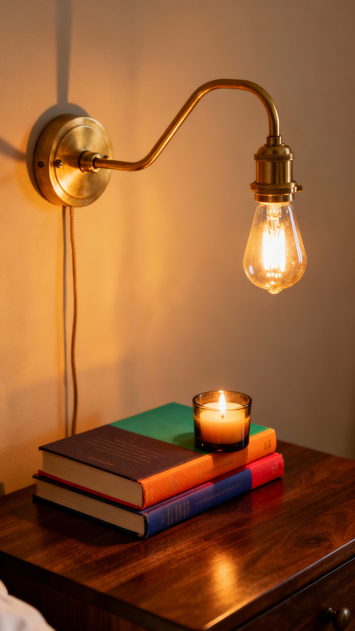 Nightstand detail: brass swing-arm sconce, warm 2700K glow, book stack, candle
