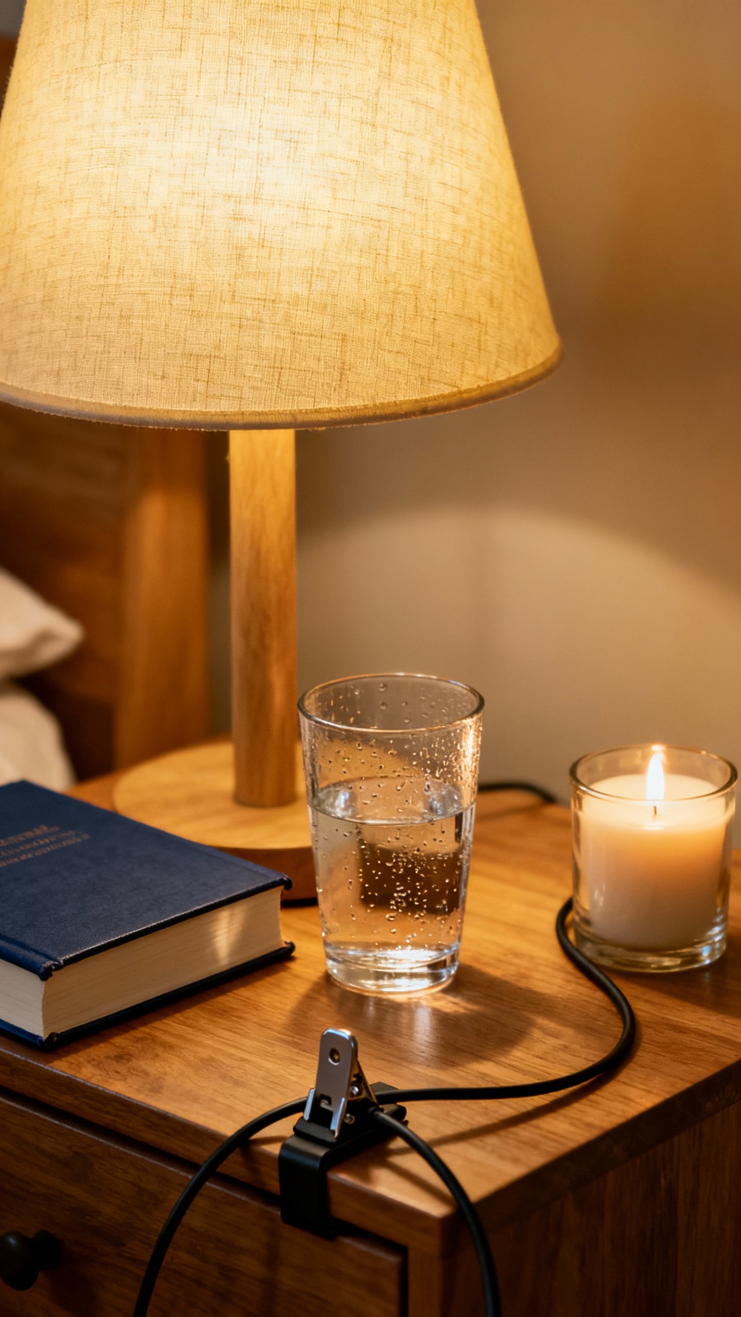 Nightstand setup closeup: fabric-shade lamp, book, water glass, candle, cable clip