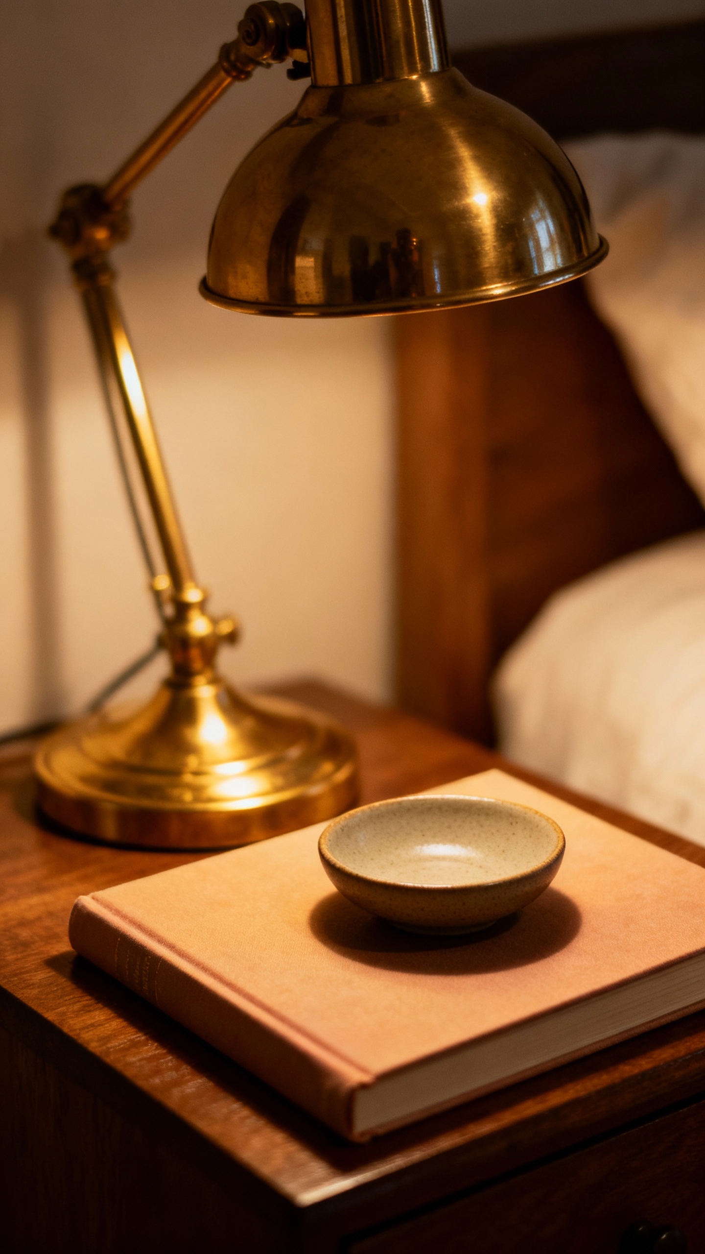 Nightstand vignette with brass lamp, book, small ceramic dish