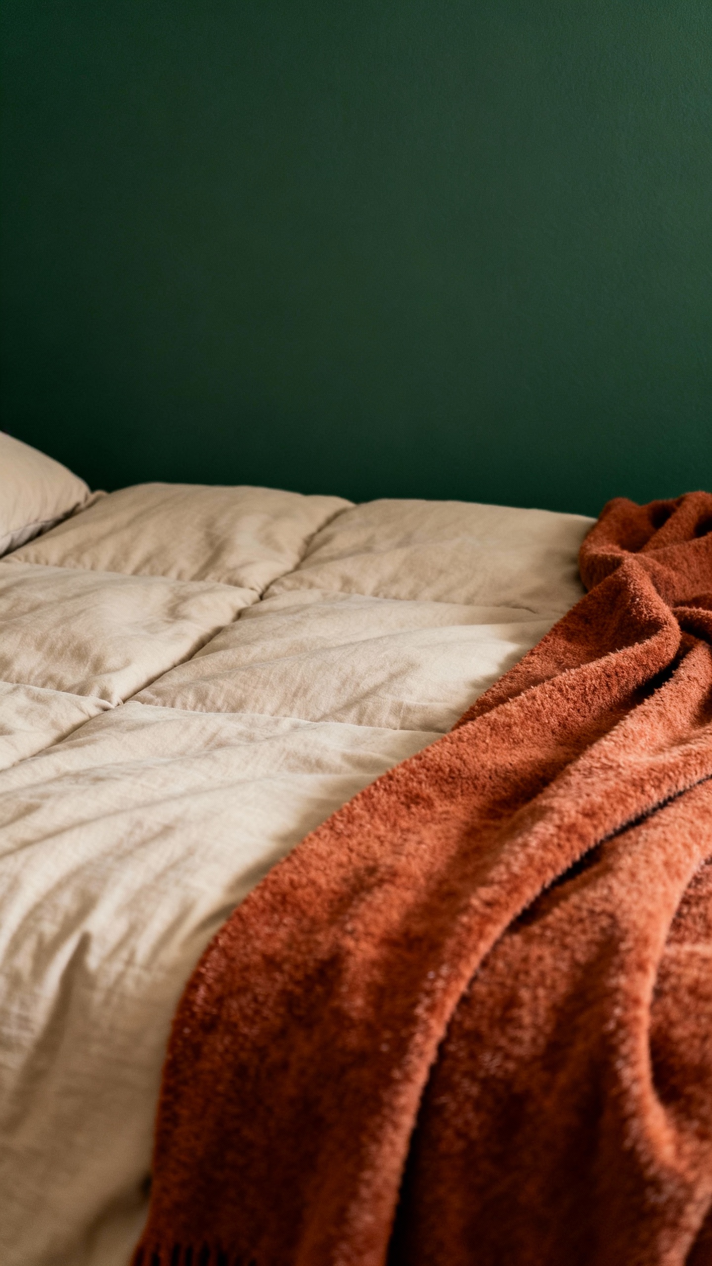 Painted dark green accent wall behind neutral duvet and rust throw