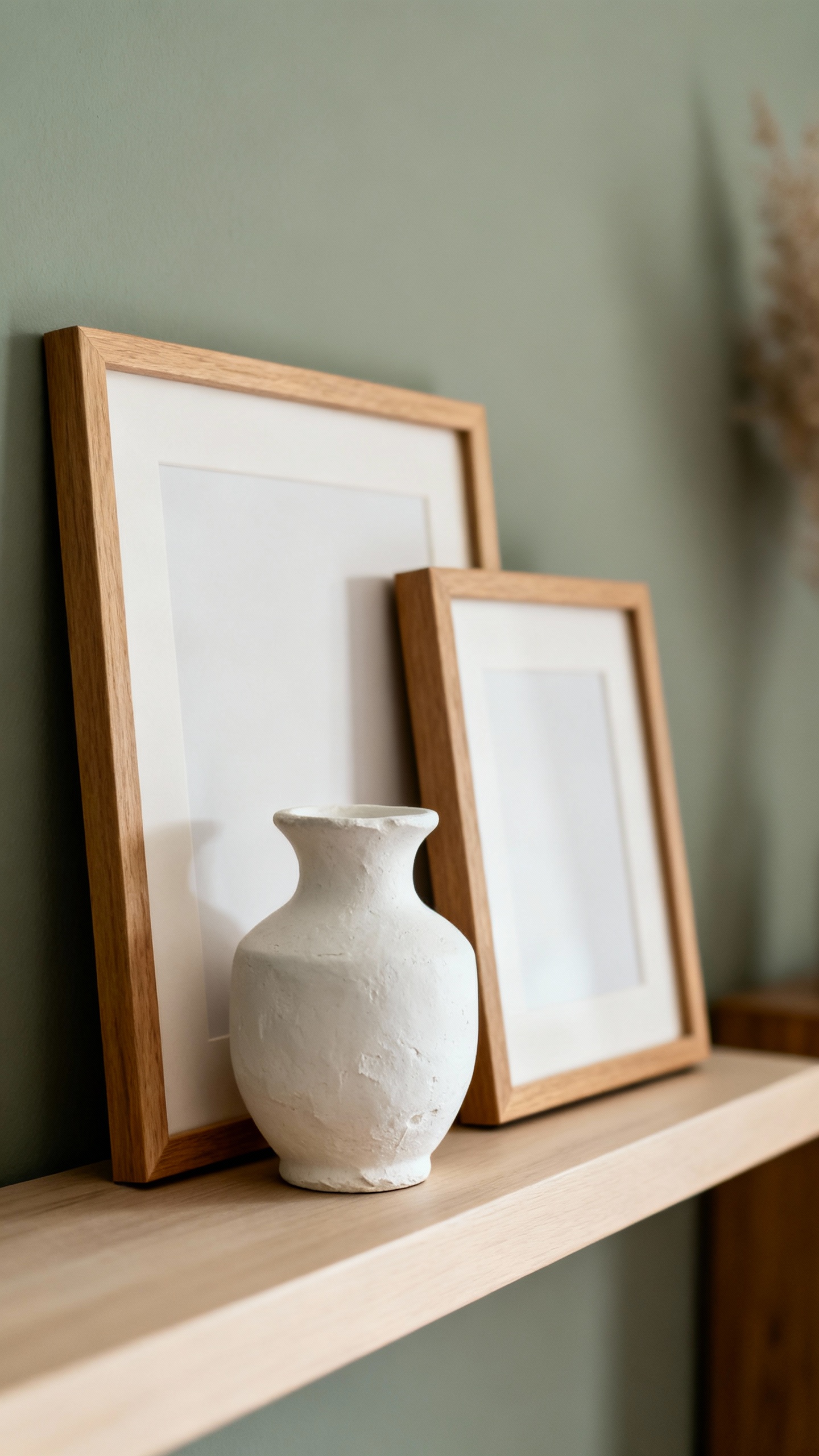 Picture ledge with two layered frames and plaster-look vase, sage wall backdrop